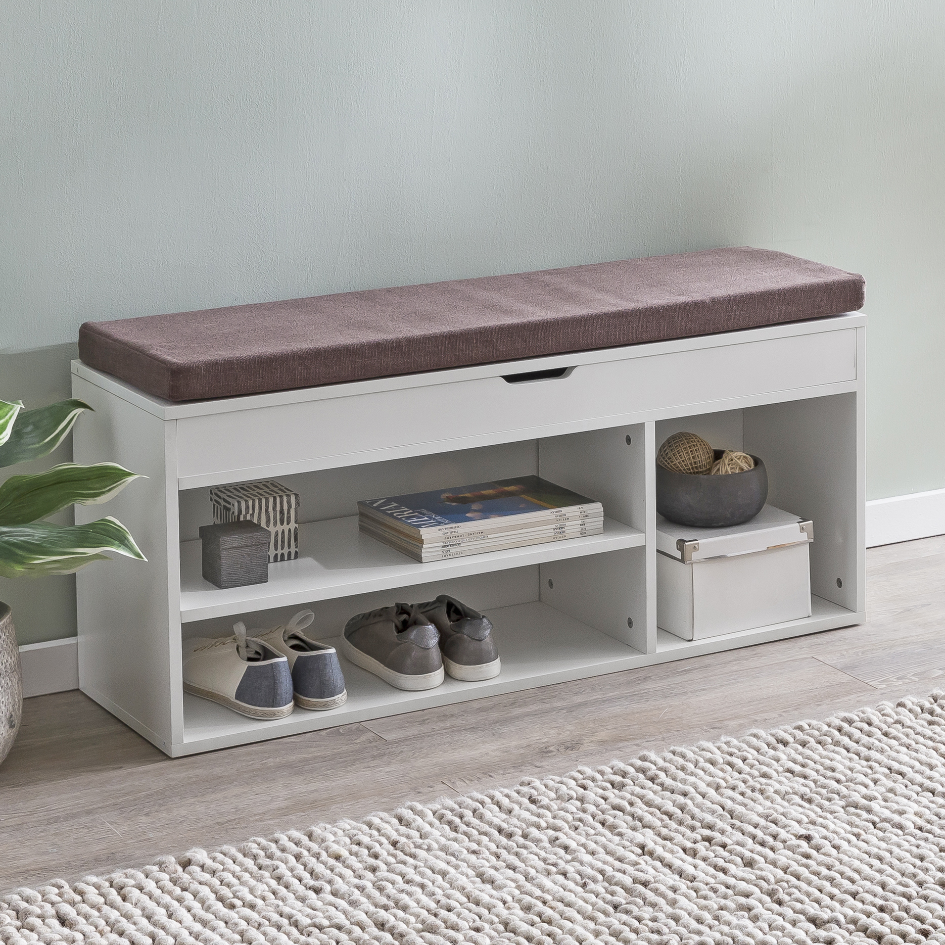 Biała ławka do przechowywania z tapicerowanym siedziskiem | 104x51x32 cm Biała ławka do przechowywania z tapicerowanym siedziskiem | 104x51x32 cm