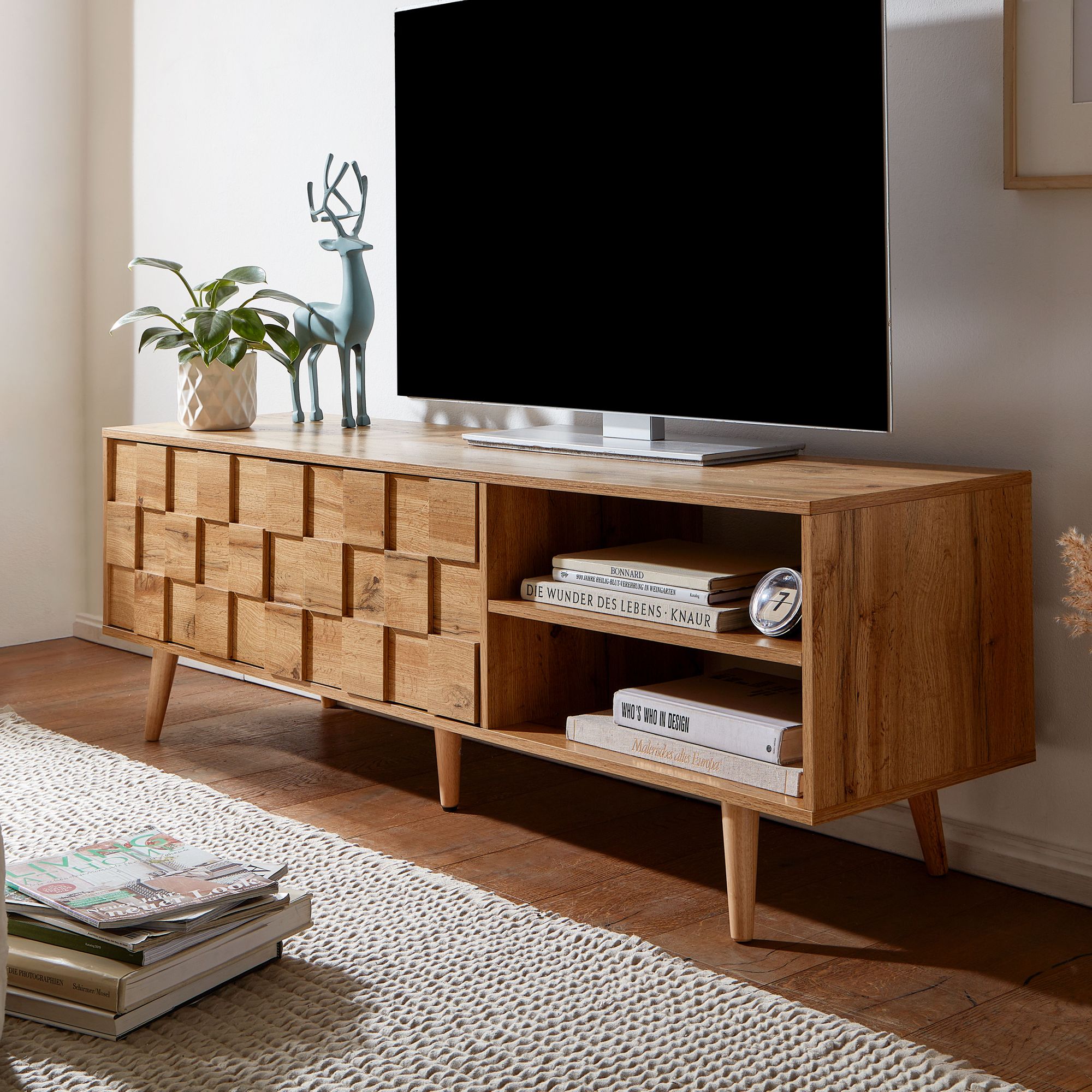 Komoda RTV z dekoracją dębową | Brązowy | 160x51x40 cm