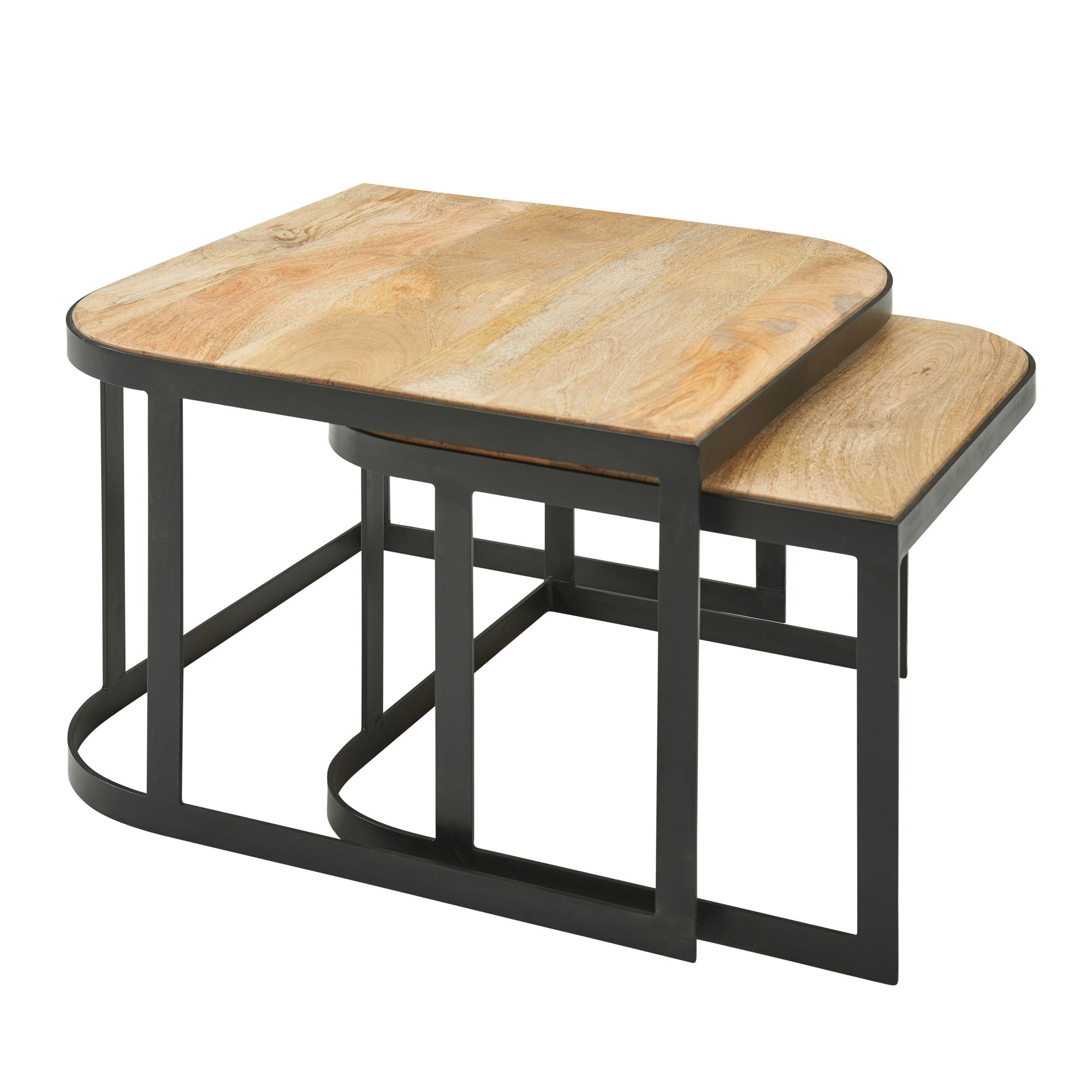 2-Piece Rectangular Light Mango Solid Wood Coffee Tables Set | Black Metal | 60x40 cm & 50x35 cm