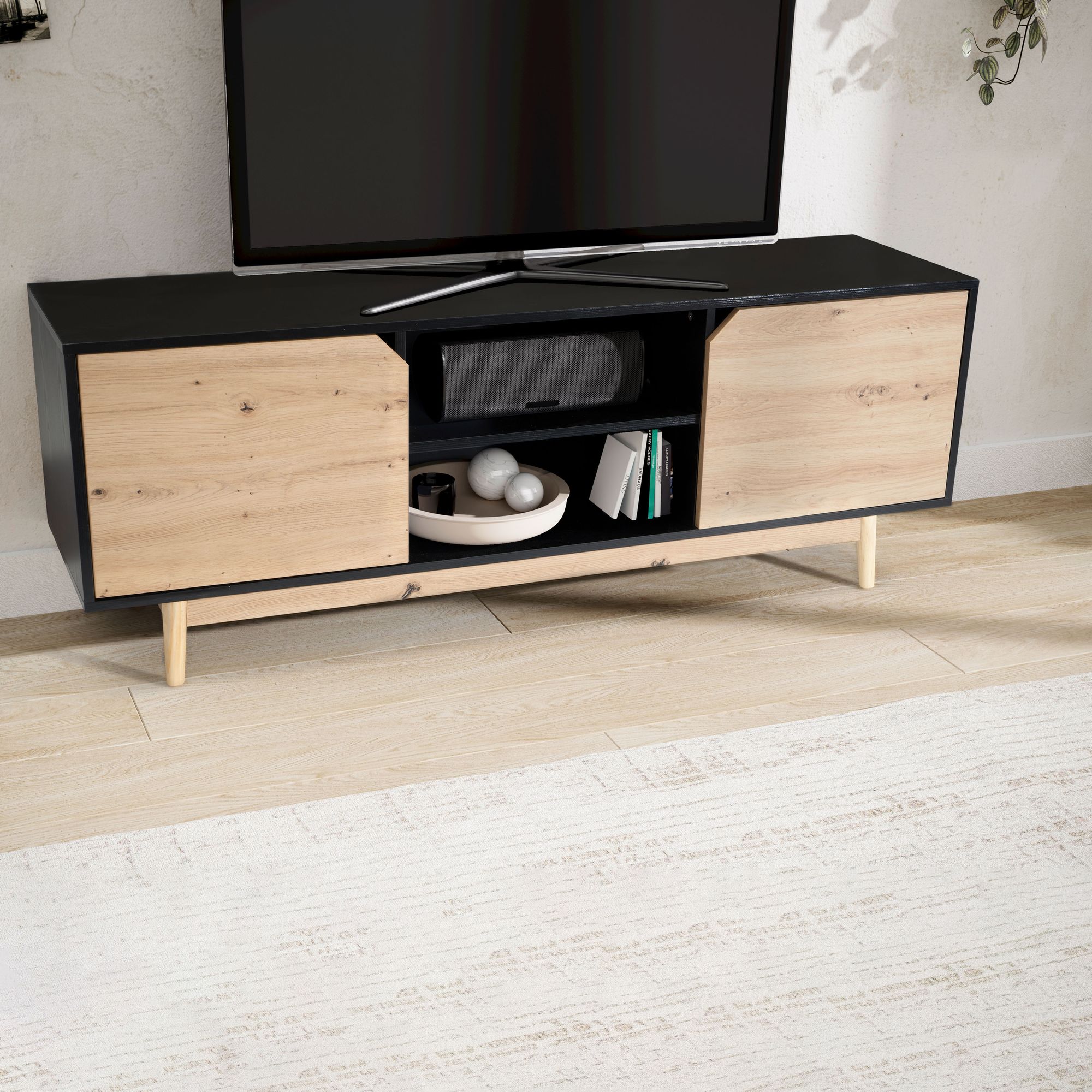 Lowboard black oak decor 150x55x40 cm tv cabinet modern, designer tv cabinet high, tv table tv cabinet with two doors, tv cabinet living room
