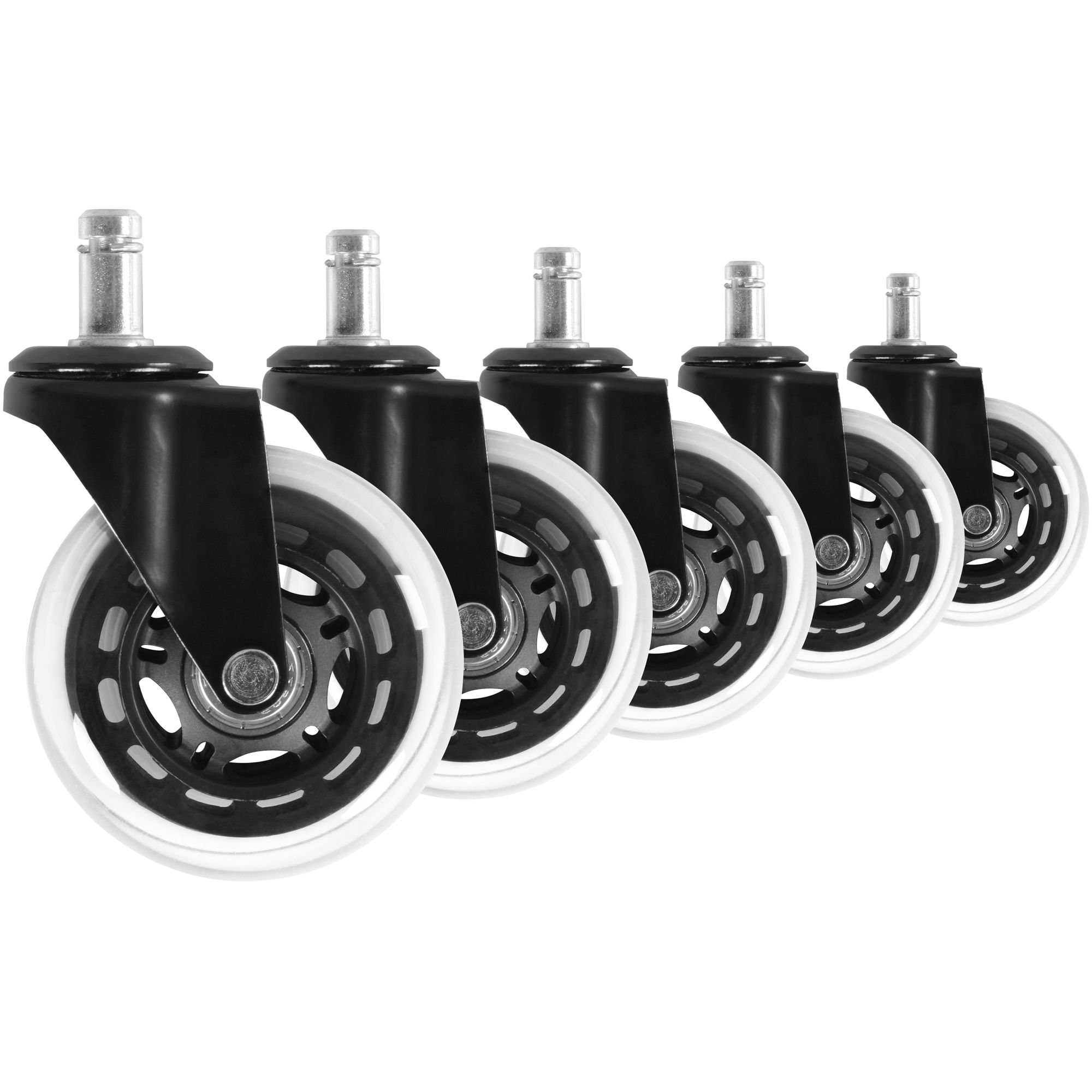 5-Pack Silent Universal Heavy-Duty Casters for Office Chair | Transparent / Black | Diameter 75 mm, 11 mm Stem