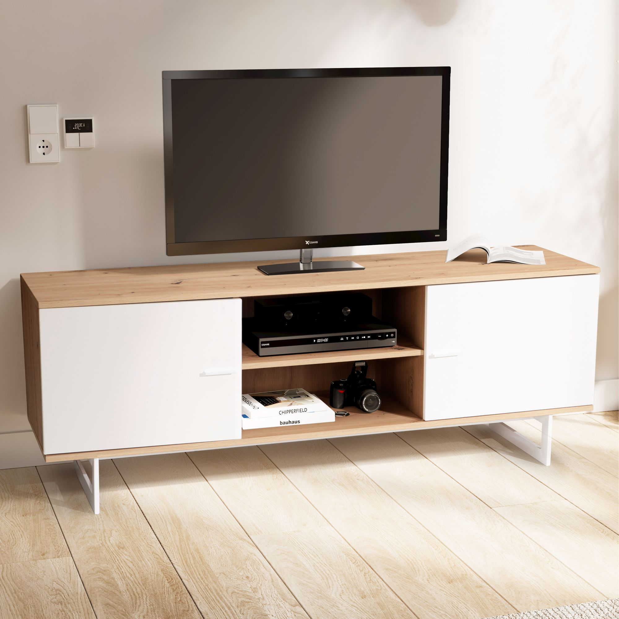 Lowboard oak decor white 150x55x40 cm tv cabinet modern, designer tv cabinet high, tv table tv cabinet with two doors, tv cabinet living room