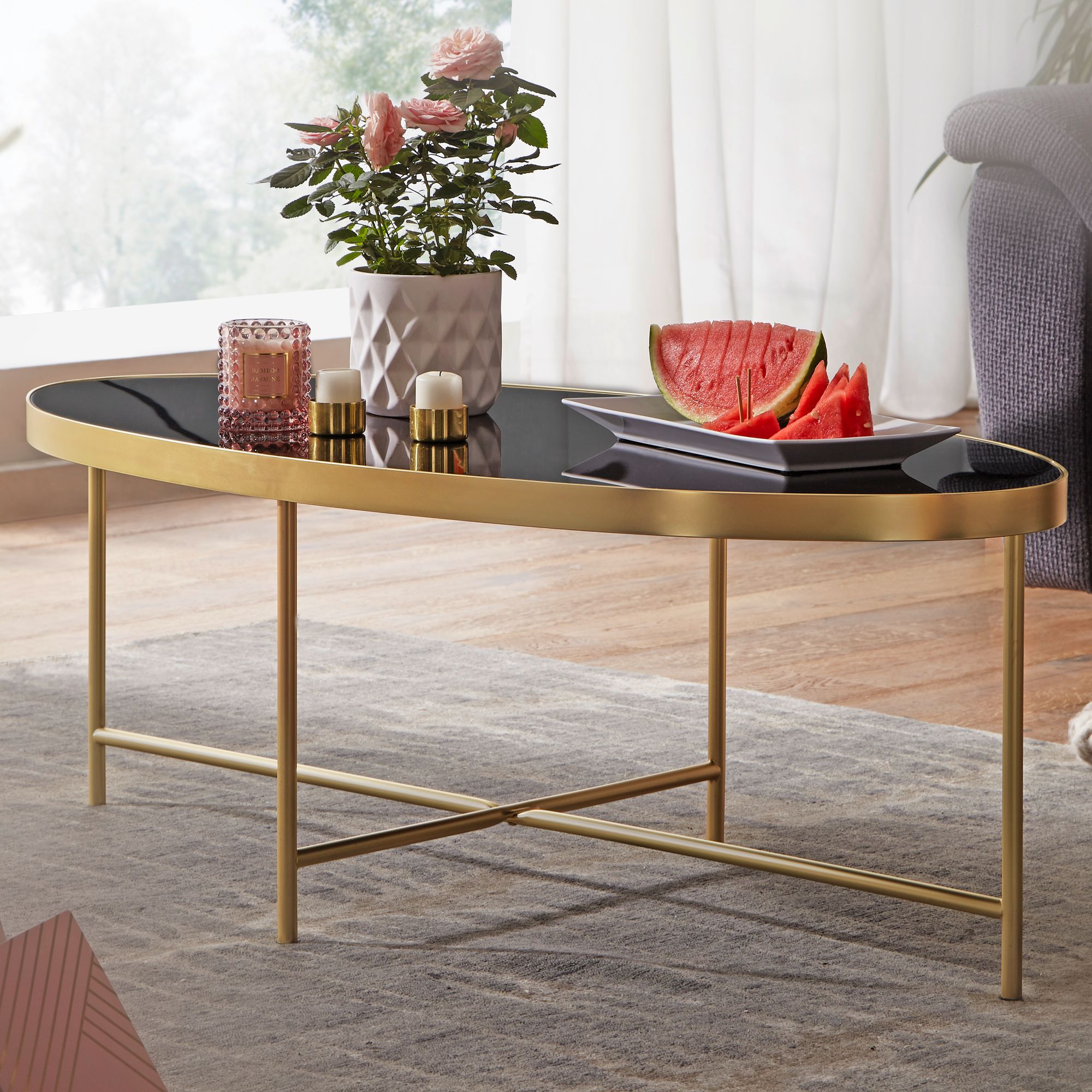Design czarny szklany stolik kawowy | Złota metalowa rama | 110 x 56 cm