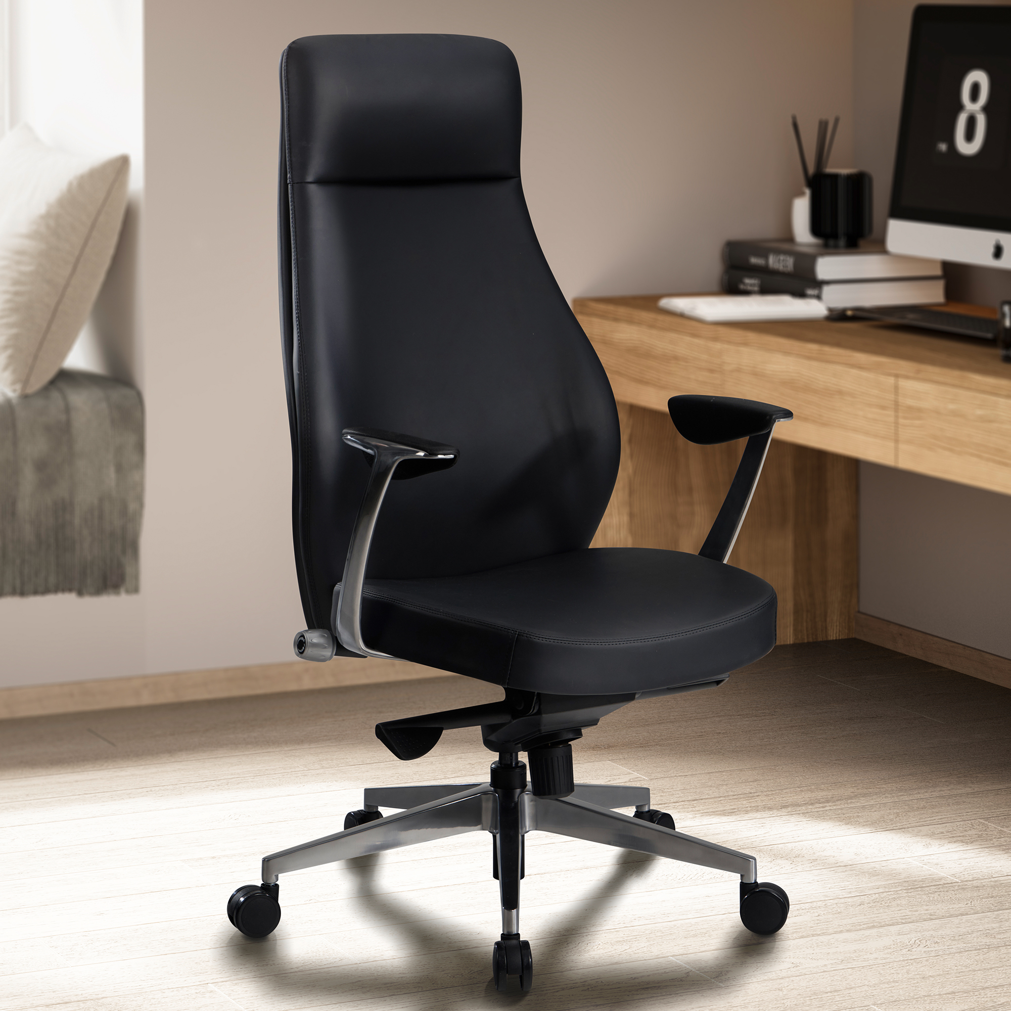 Czarny fotel biurowy z ekoskóry | Ergonomiczny fotel kierowniczy | Wys. 119-125 cm Szer. 74 cm Gł. 74 cm