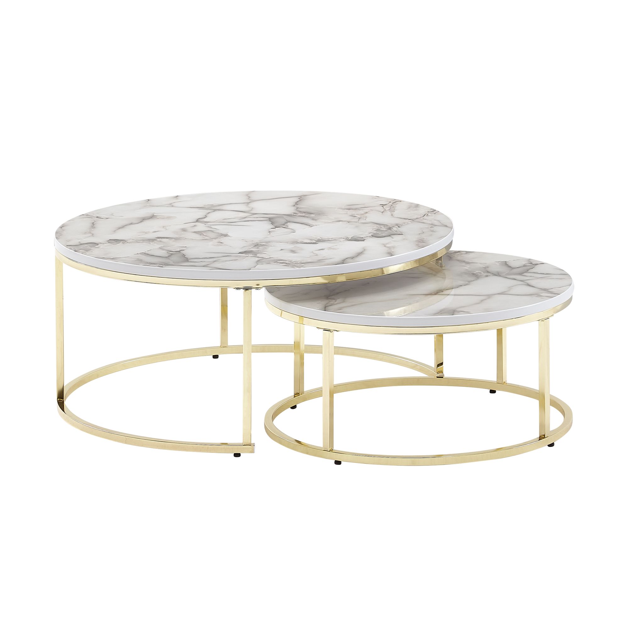 2-piece Coffee Table Set | White and Gold | Marble Look | Dimensions 80x80x36 cm & 60x60x26 cm