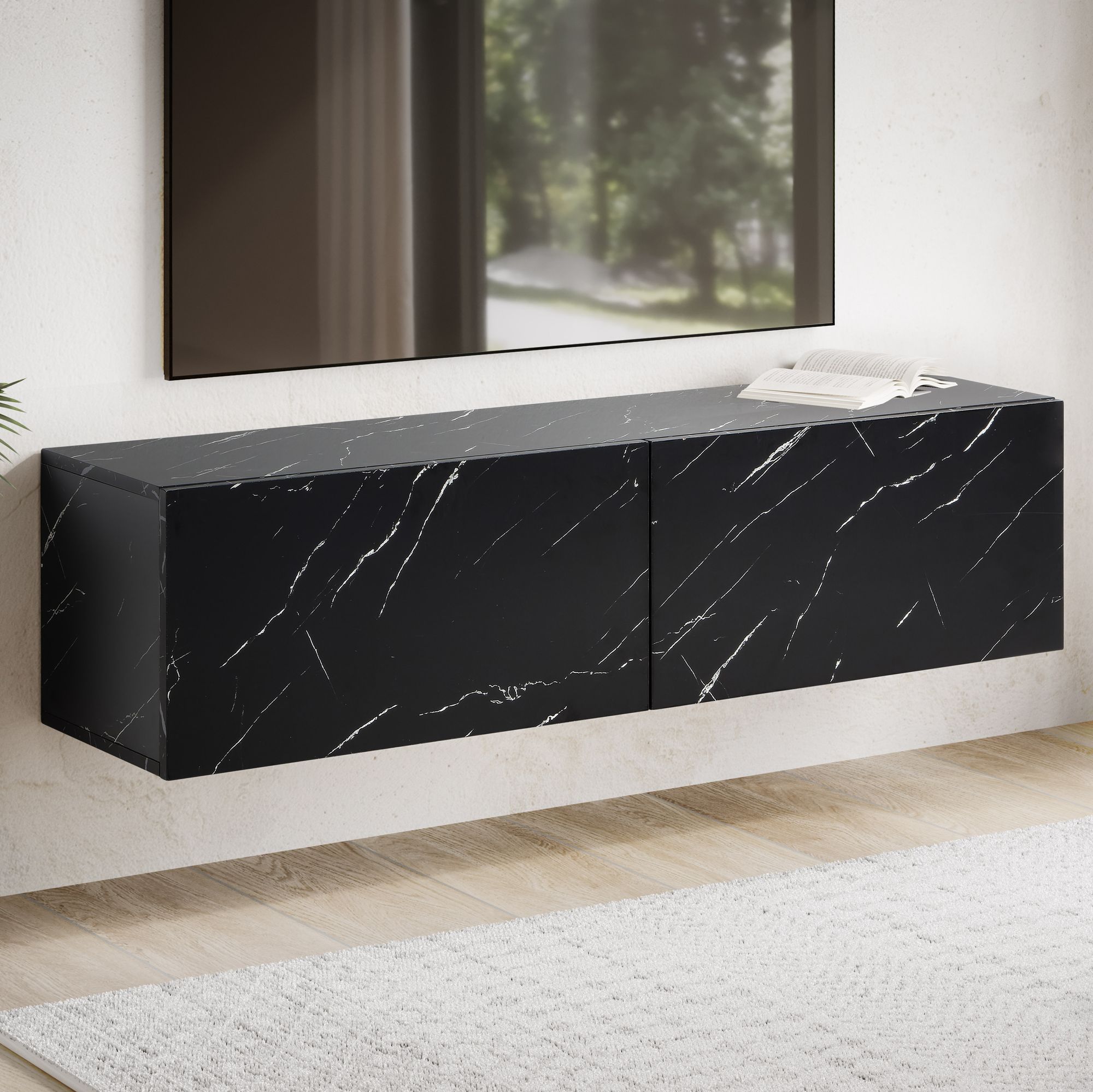 Lowboard hanging marble look black 120x30x30 cm tv cabinet, design tv table with folding doors modern, tv cabinet wall, tv chest of drawers tv chest of drawers for hanging