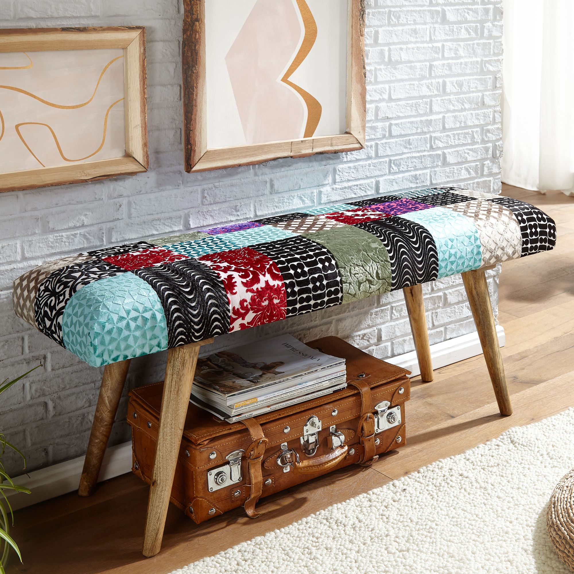 Ławka aksamit / ławka z litego drewna wielokolorowa 117x51x38 cm łóżko ławka patchwork