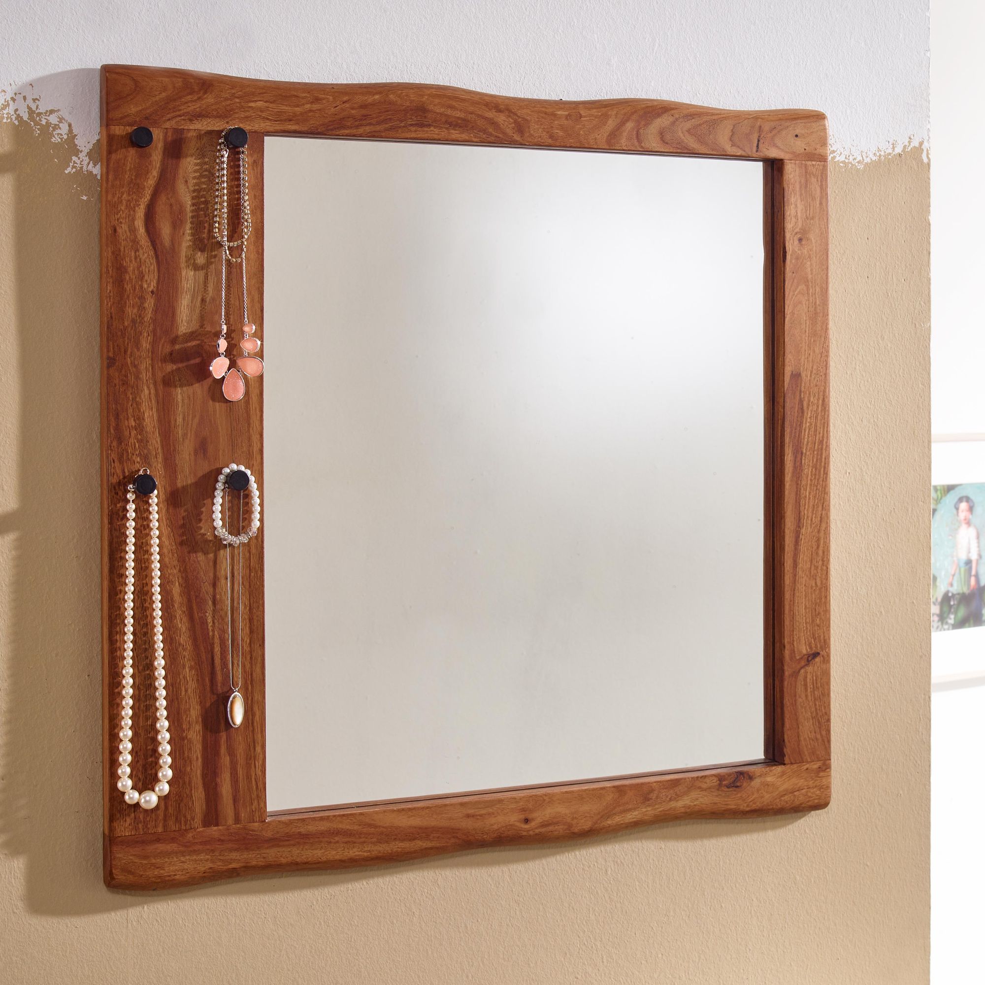 Dąb lite drewno sheesham 80x80x3 cm designerskie lustro do przedpokoju duże nowoczesne