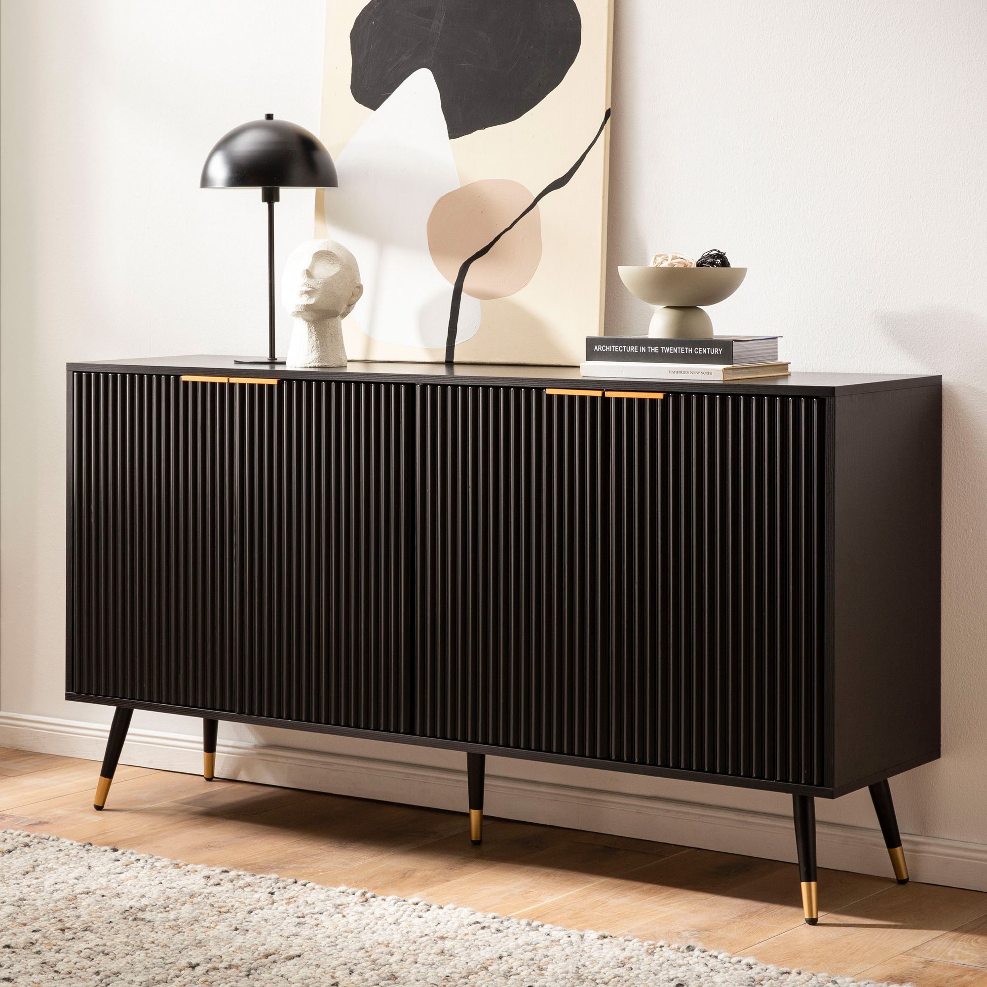 Kredens 150x81x39 cm kredens czarny z dekorem dębowym, komoda z drzwiami, komoda przedpokój nowoczesna, szafka stojąca salon metalowe nogi