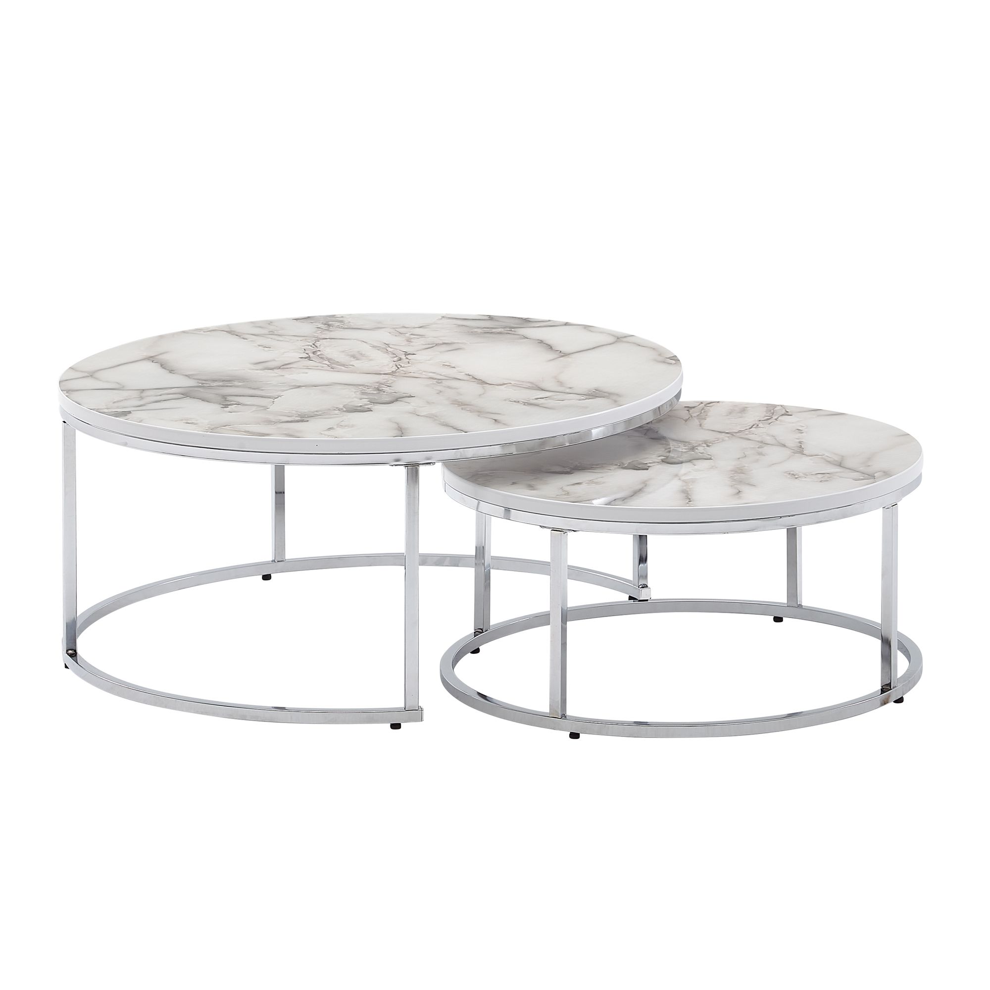 2-piece Coffee Table Set | White and Silver | Marble Look | Dimensions 80x80x36 cm & 60x60x26 cm