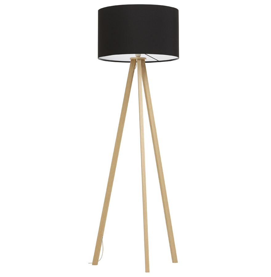 Lampa podłogowa na statywie „SPRING” z czarnym kloszem i 3 naturalnymi stopami