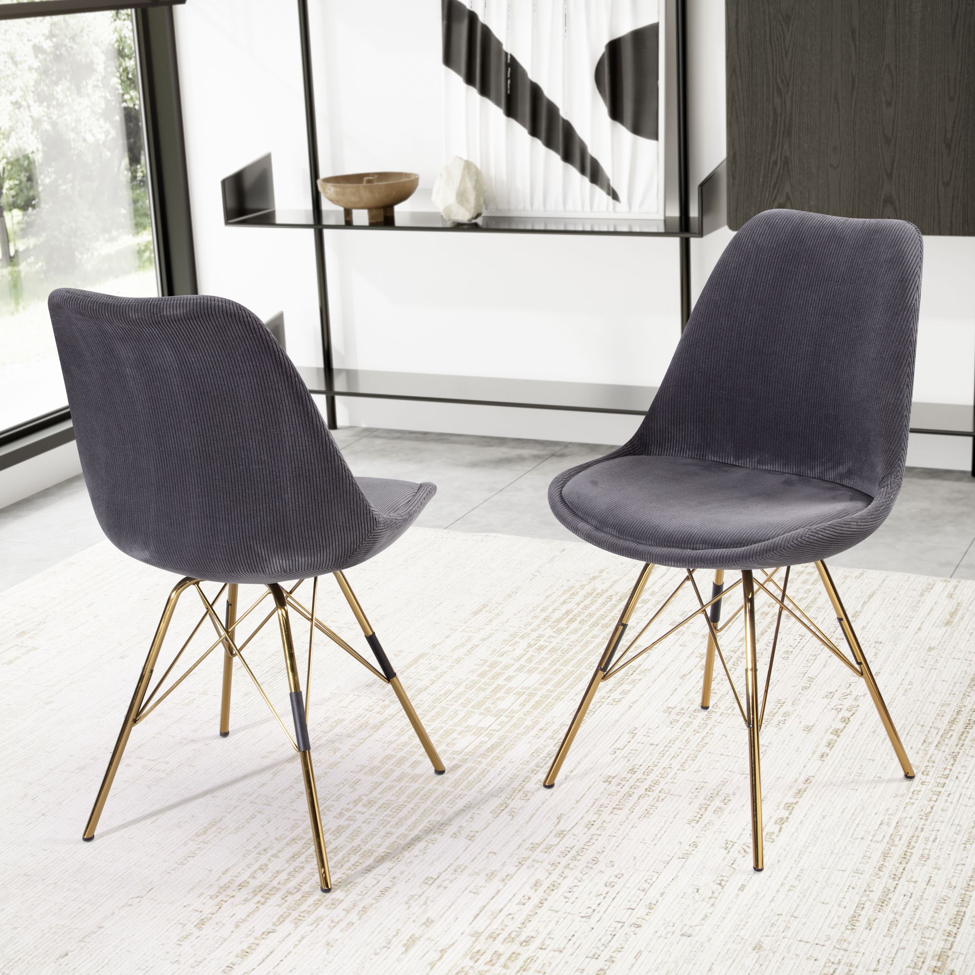 2-Pack Cara Dining Chairs Anthracite Fabric | Golden Metal Legs | Scandinavian Design