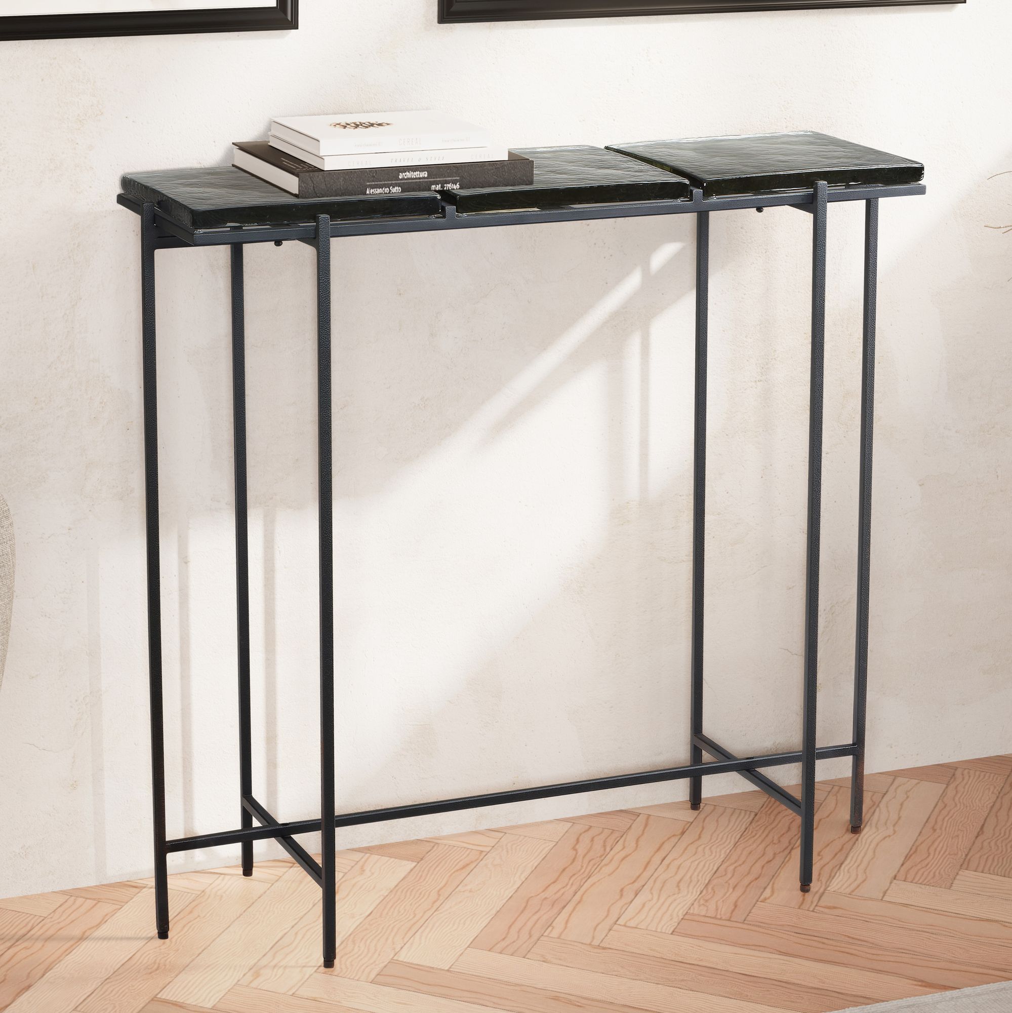 Stół konsolowy  czarny 90x29x85 cm designerski kredens szklany przedpokój, stół do przechowywania z metalową ramą wąski nowoczesny, stół do przedpokoju ze zdejmowanymi blatami, stół do przedpokoju długi wysoki