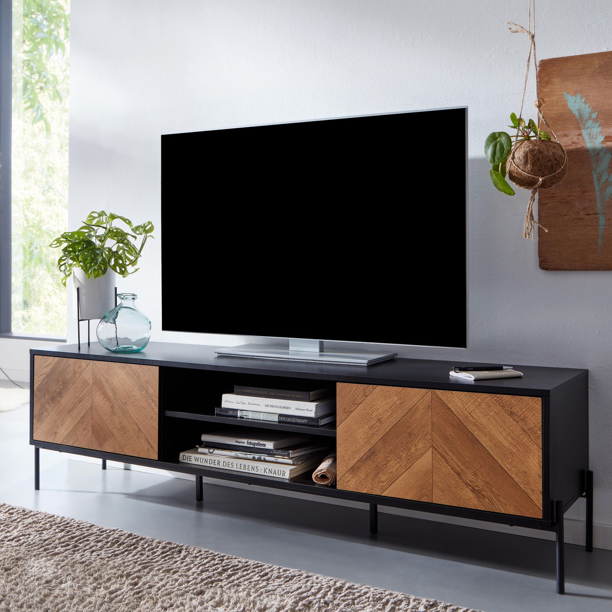 Drewniana komoda czarna / dąb 163x45x40 cm komoda rtv z dwojgiem drzwi