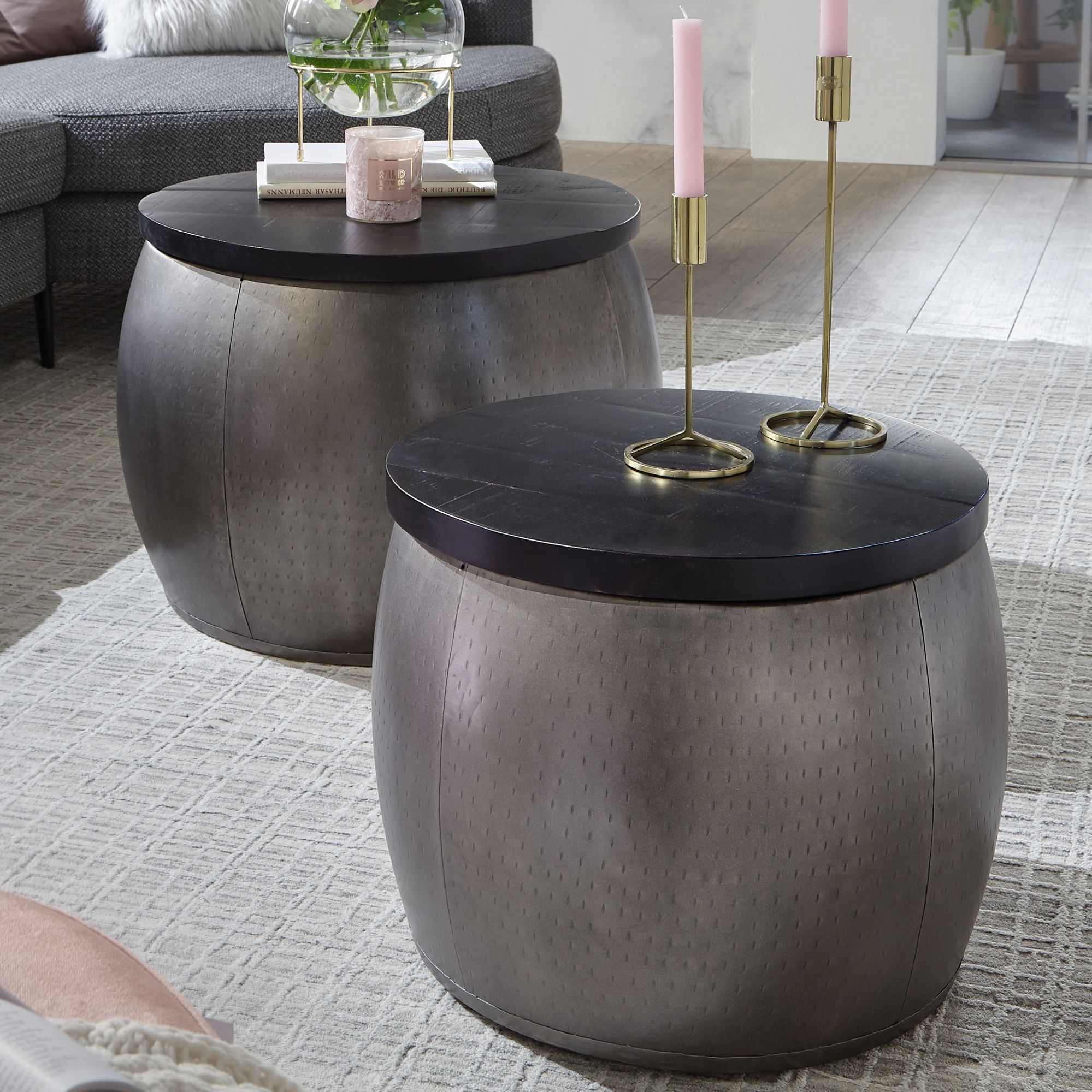 2-Piece Mango Solid Wood Coffee Table Set Black 55/45x45/40x55/45 cm | Silver Industrial Metal | Round with Storage