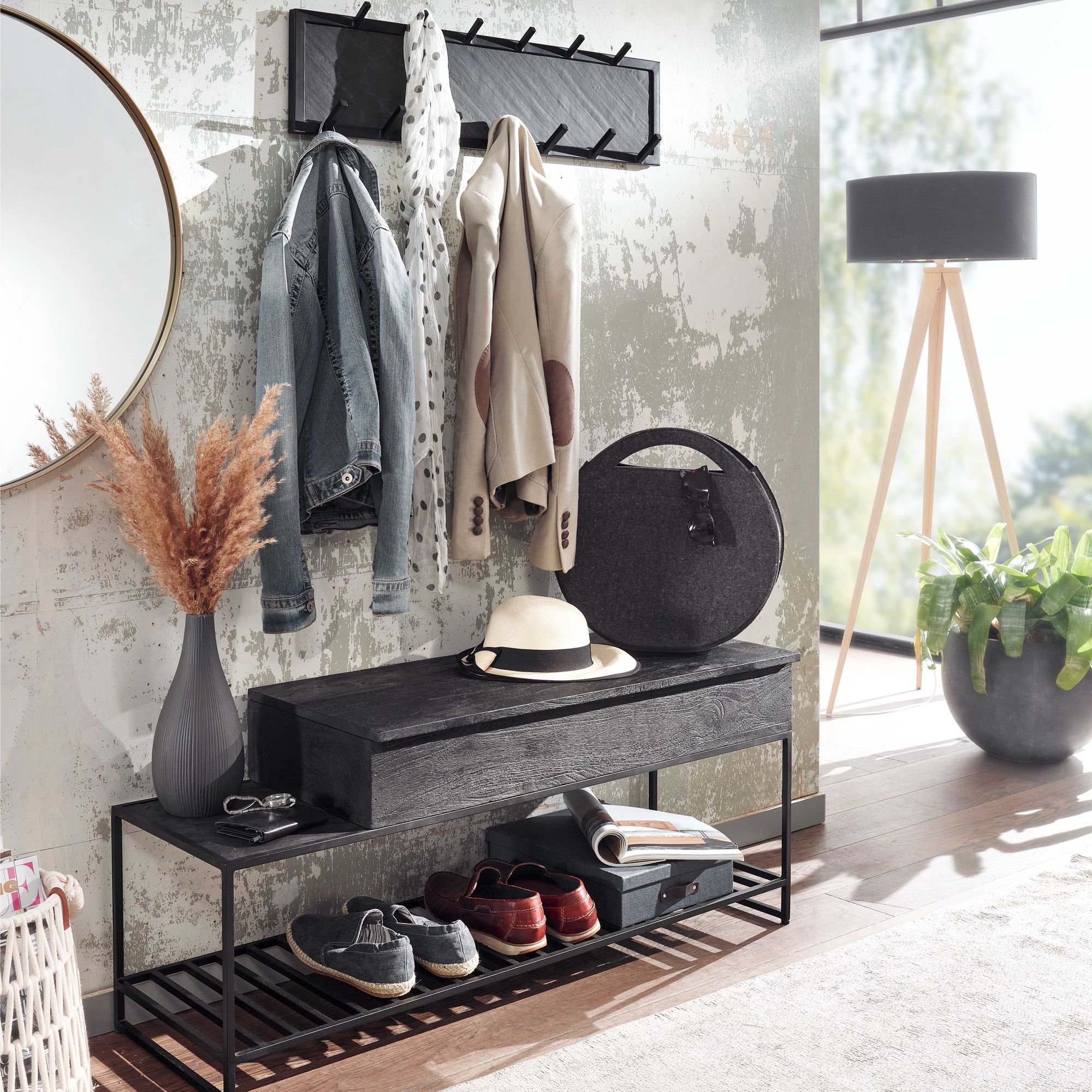 Ławka do przedpokoju z wieszakami ściennymi Drewno mango lite Czarne | 110x48,5x37 cm | Styl industrialny Ławka do przedpokoju z wieszakami ściennymi Drewno mango lite Czarne | 110x48,5x37 cm | Styl industrialny
