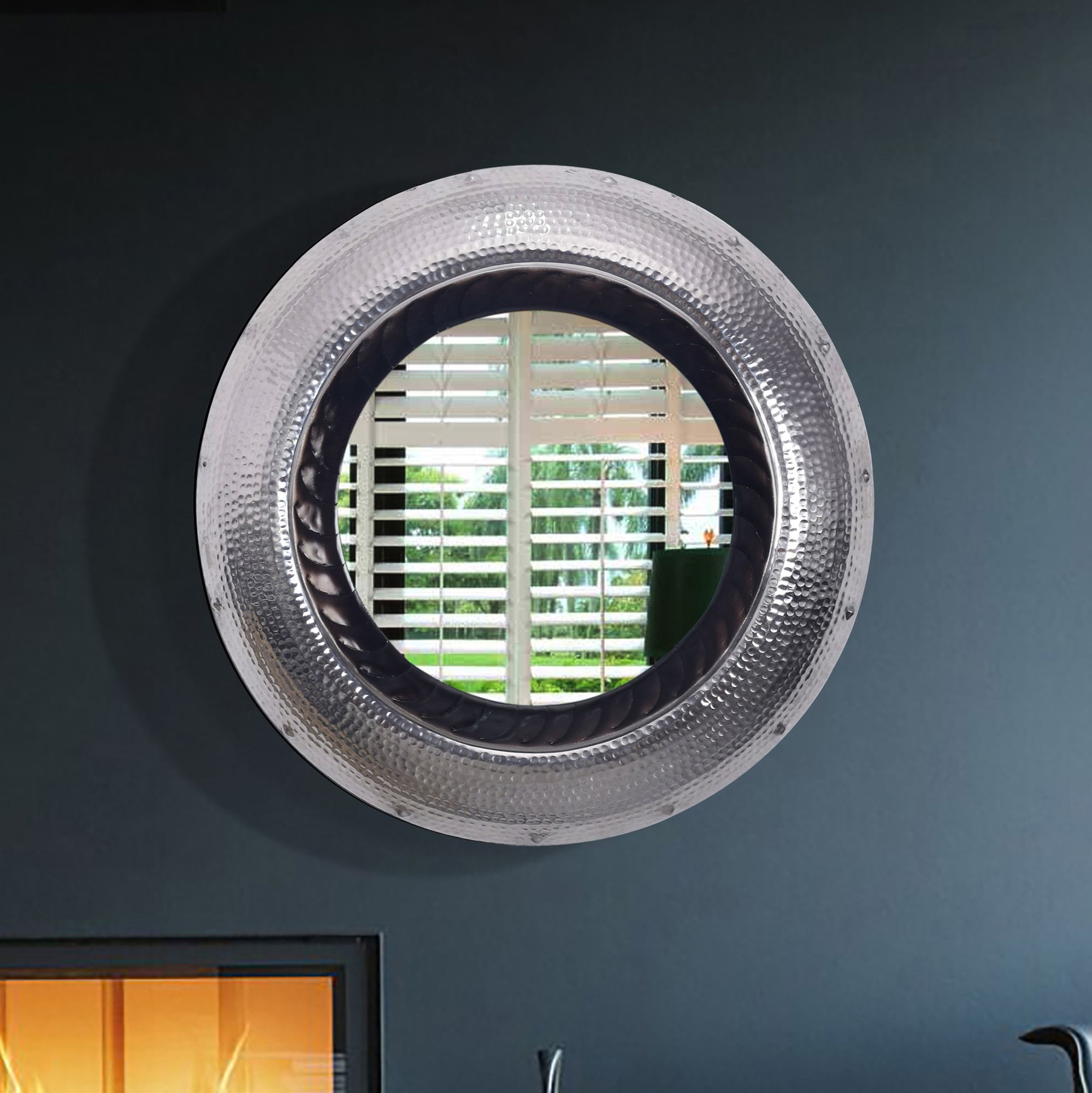Lustro ścienne  74 cm metalowe lustro wiszące srebrne, aluminiowe lustro dekoracyjne okrągłe z młotkowaną ramą, duże lustro ścienne, lustro do przedpokoju, lustro do szafy nowoczesne