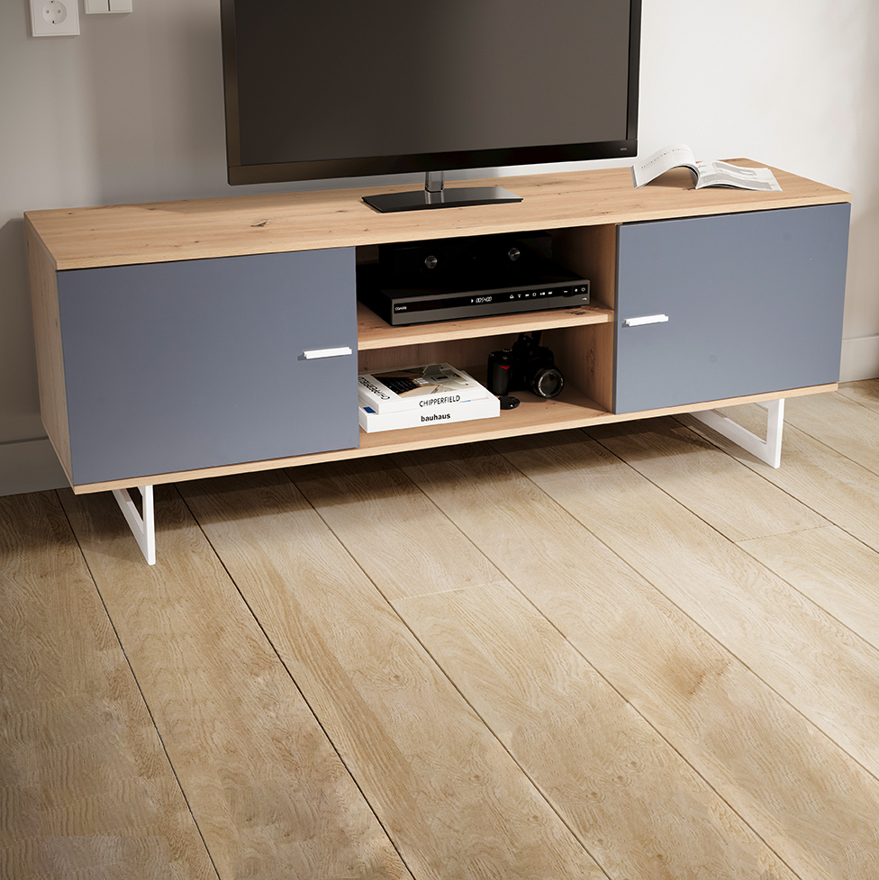 Lowboard oak decor grey 150x55x40 cm tv cabinet modern, designer tv cabinet high, tv table tv cabinet with two doors, tv cabinet living room
