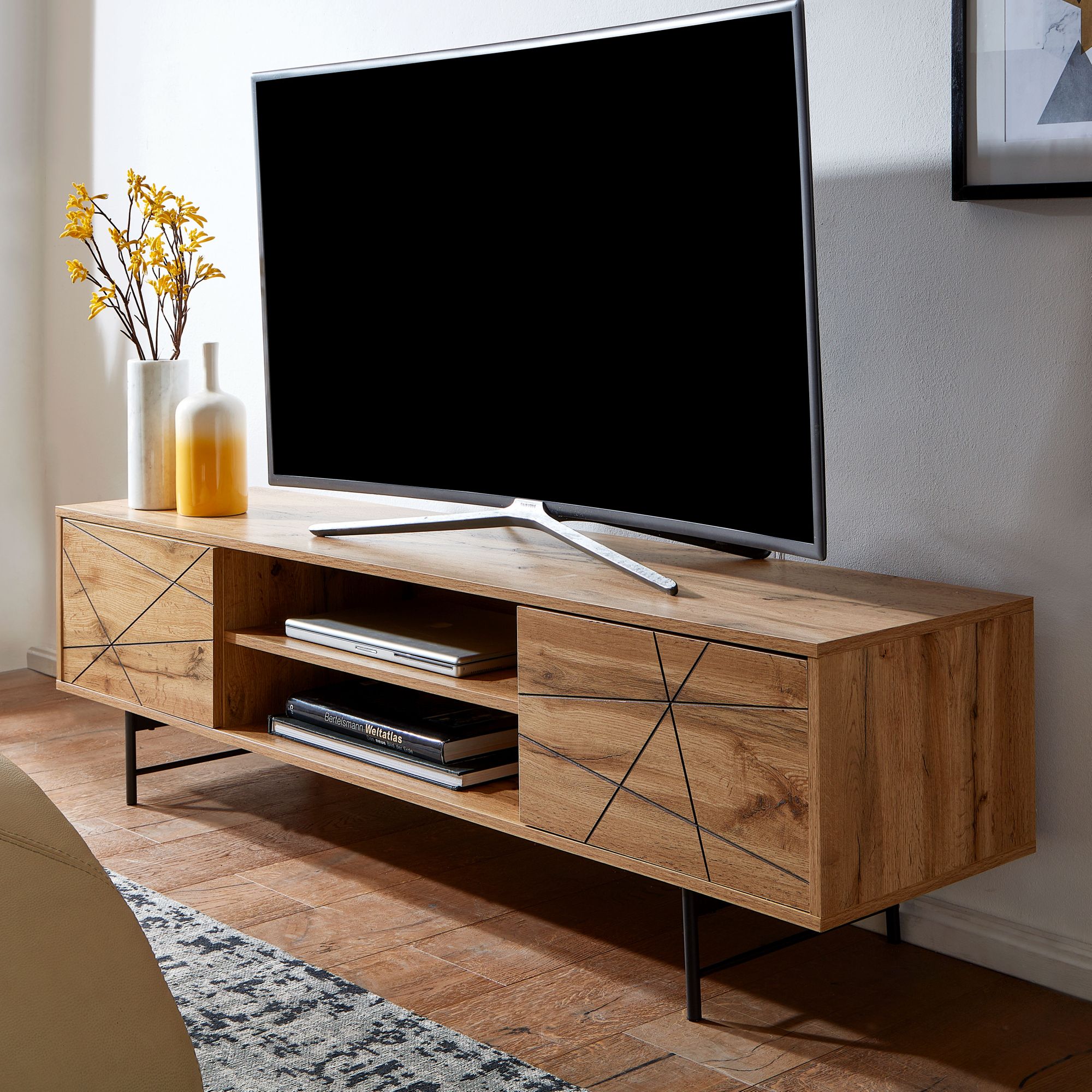 Lowboard wood oak decor 160x45x40 cm tv dresser with two doors