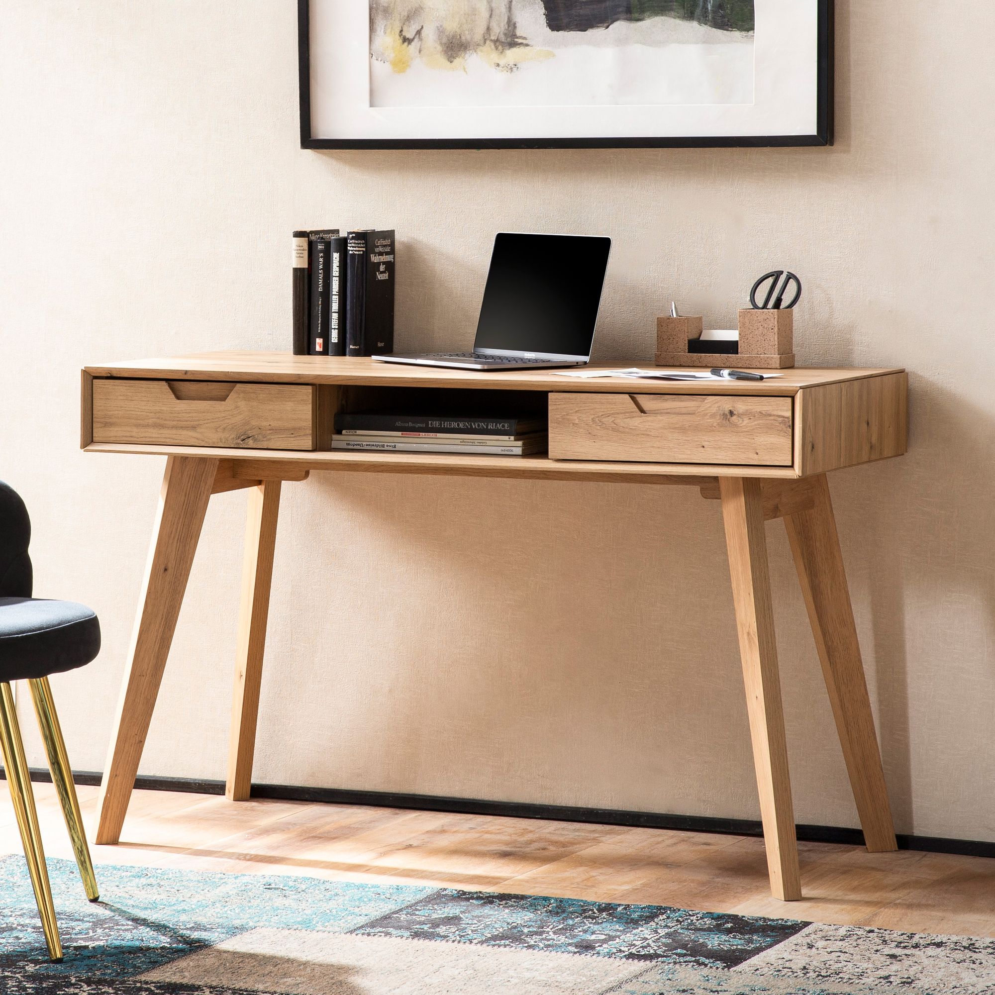 Biurko  120x55x77 cm dekor dębowy z miejscem do przechowywania, stół biurowy w stylu skandynawskim z szufladami, stolik na laptopa do domowego biura, stół komputerowy z nogami z litego drewna