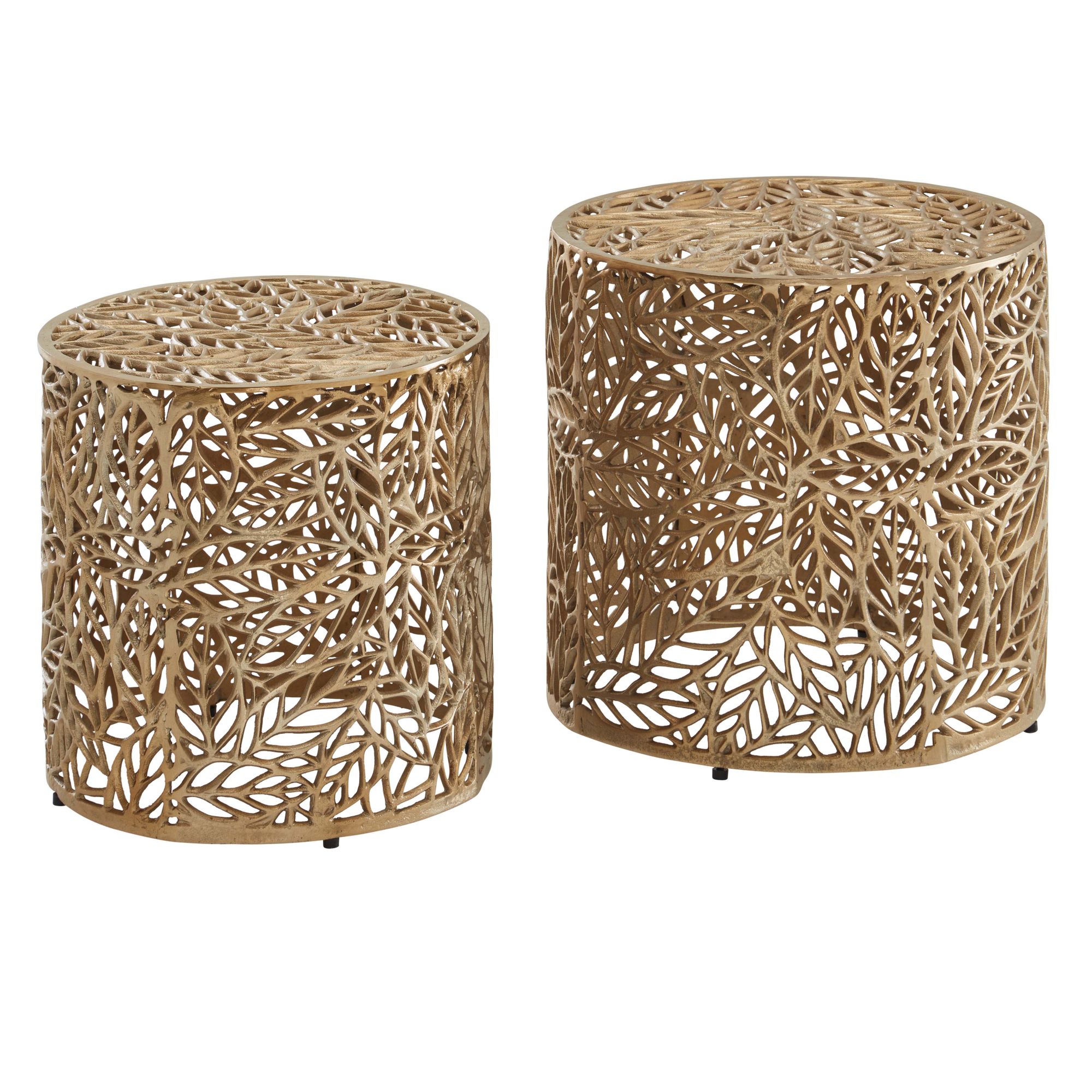 2-Piece Aluminum Side Tables Set Gold | Floral Pattern | 41x41x42 cm & 36x36x38 cm