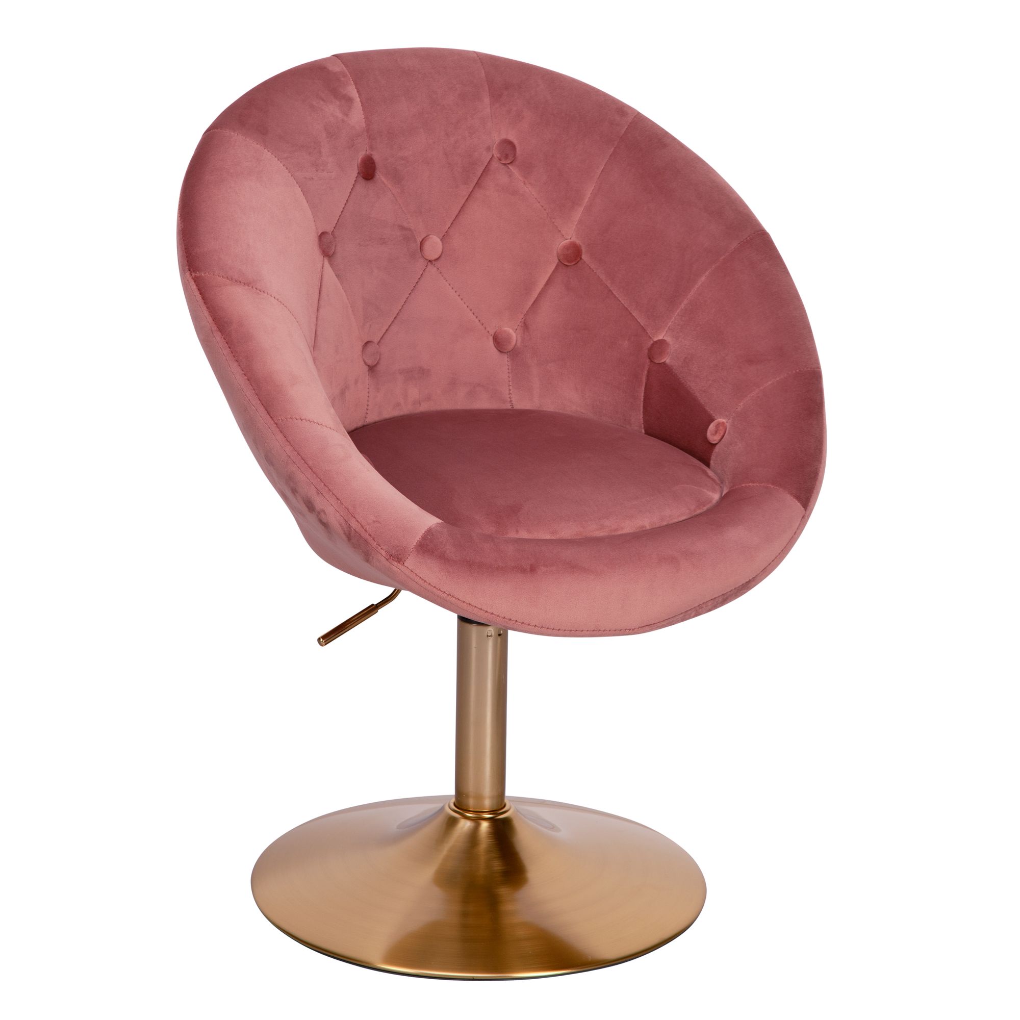 Fotel lounge aksamitny różowy | Złota podstawa metalowa | Wymiary 67x80-100x62 cm