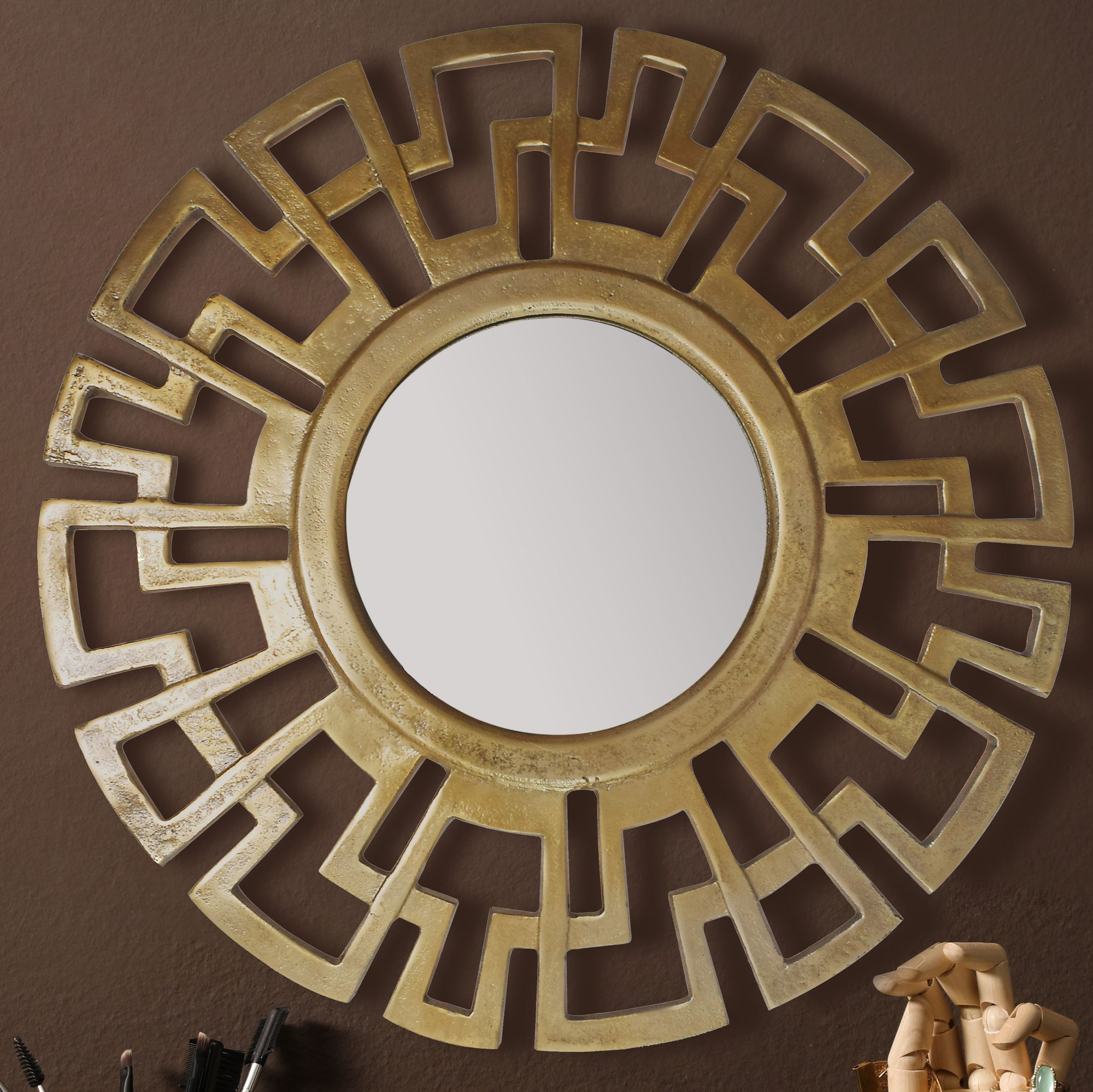 Lustro ścienne art deco 60 cm metalowe lustro wiszące złote, aluminiowe lustro dekoracyjne okrągłe z ramą, duże lustro ścienne, lustro do przedpokoju lustro do garderoby nowoczesne