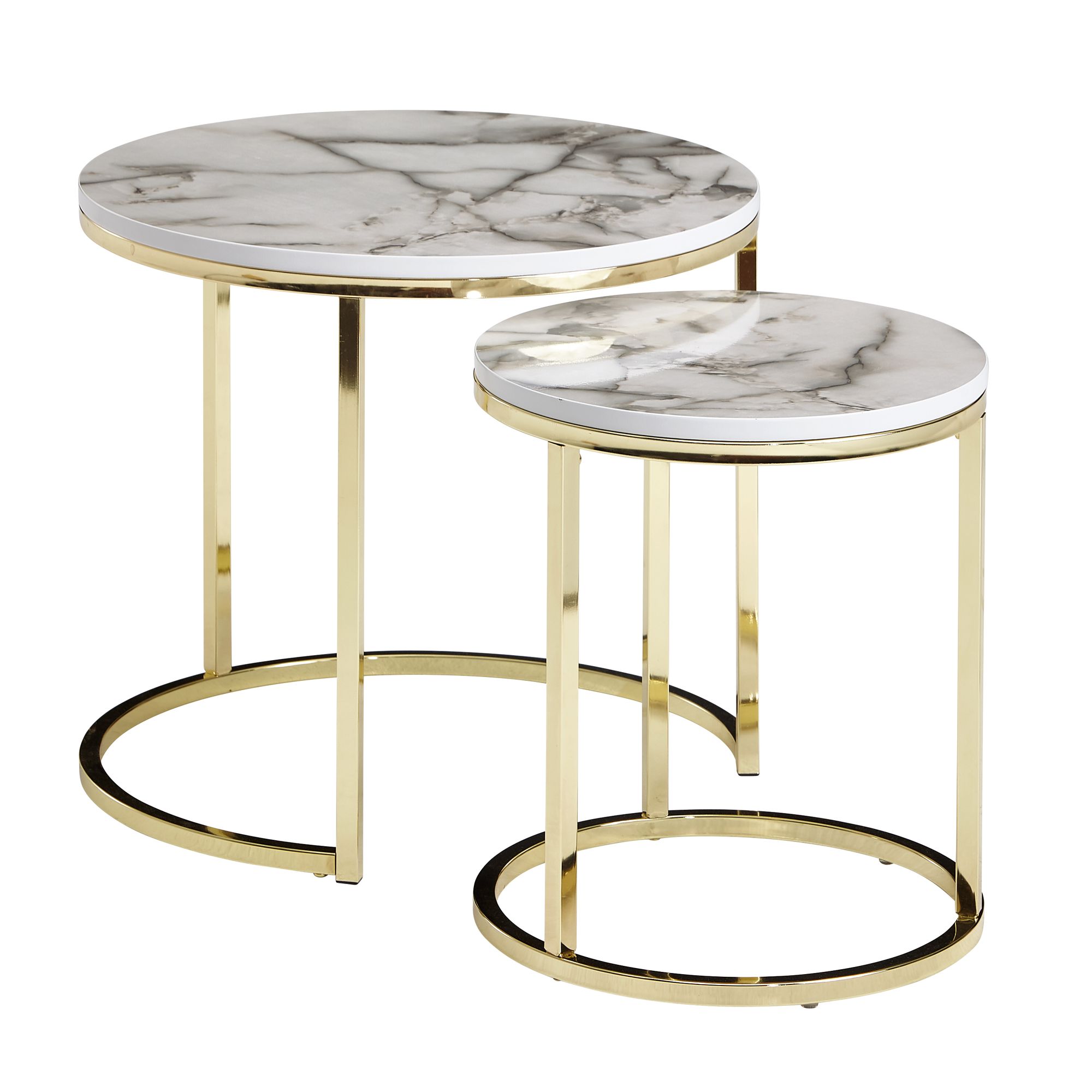 2-Piece Round Side Table Set White Marble Look | MDF with PVC Coating | Gold Metal Frame | 50x45x50 cm & 35x40x35 cm