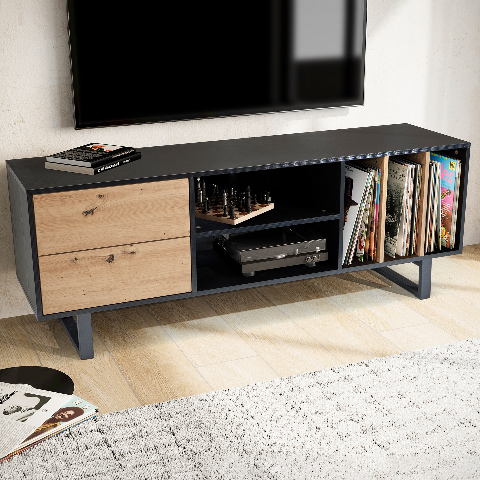 Lowboard black with oak decor 150x55x40 cm tv cabinet modern, designer tv cabinet high, tv table tv cabinet with drawers & shelf, tv cabinet living room