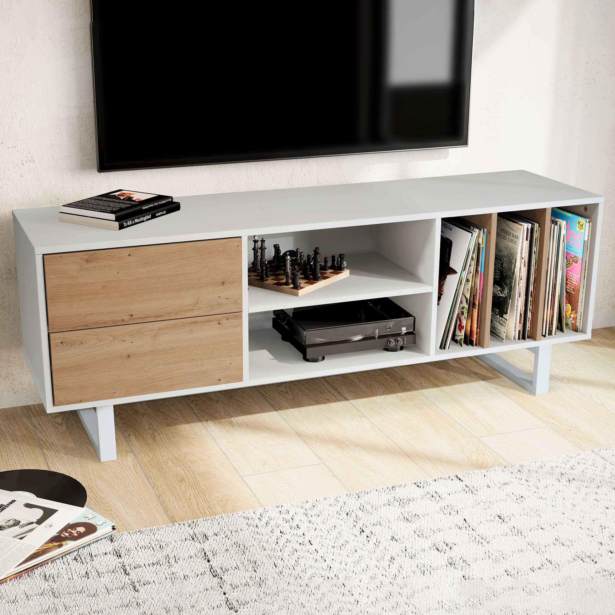 Lowboard white with oak decor 150x55x40 cm tv cabinet modern, designer tv cabinet high, tv table tv cabinet with drawers & shelf, tv cabinet living room