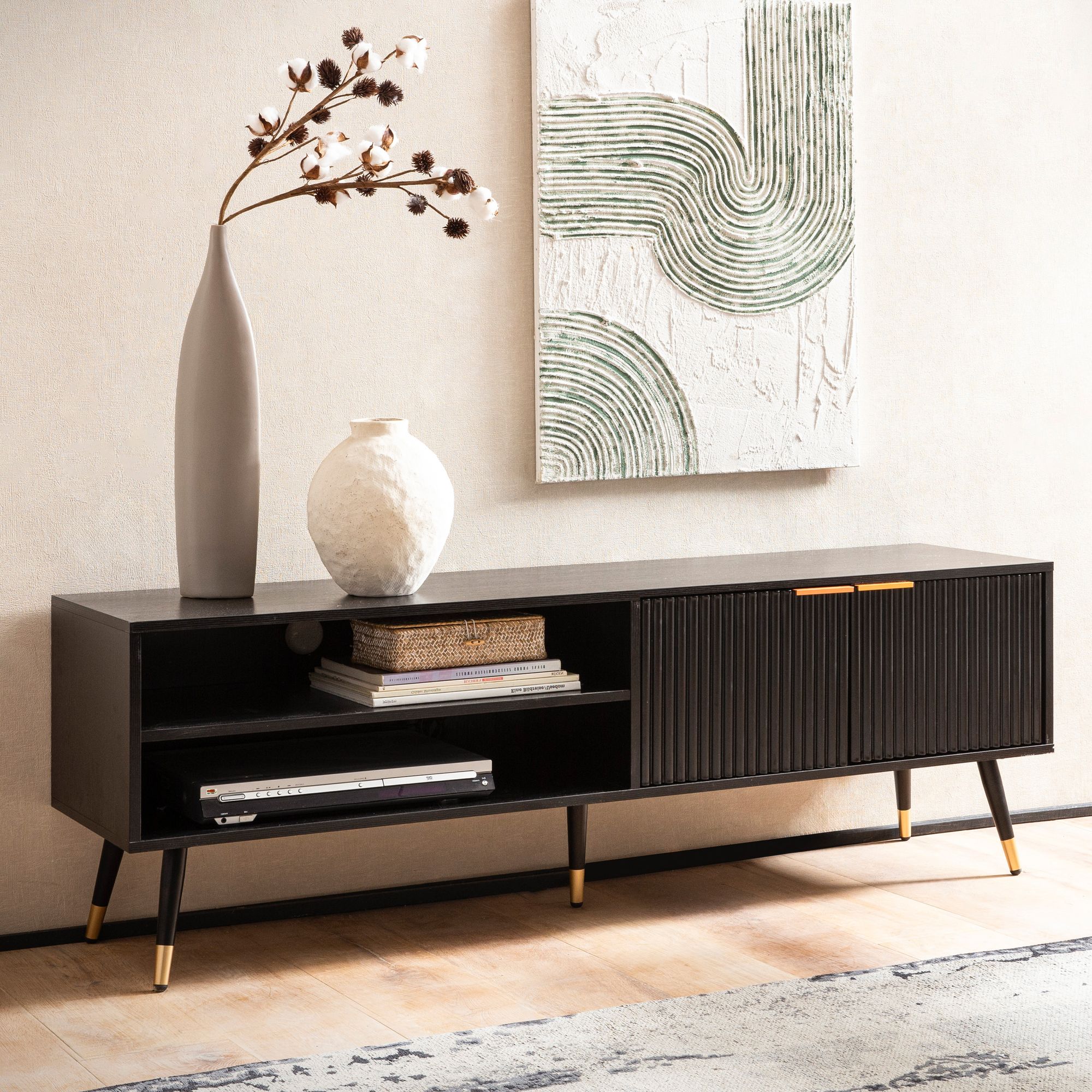 Lowboard black with oak decor 150x51x39 cm tv cabinet modern, designer tv cabinet high, tv table tv cabinet with doors & storage compartments, tv cabinet living room