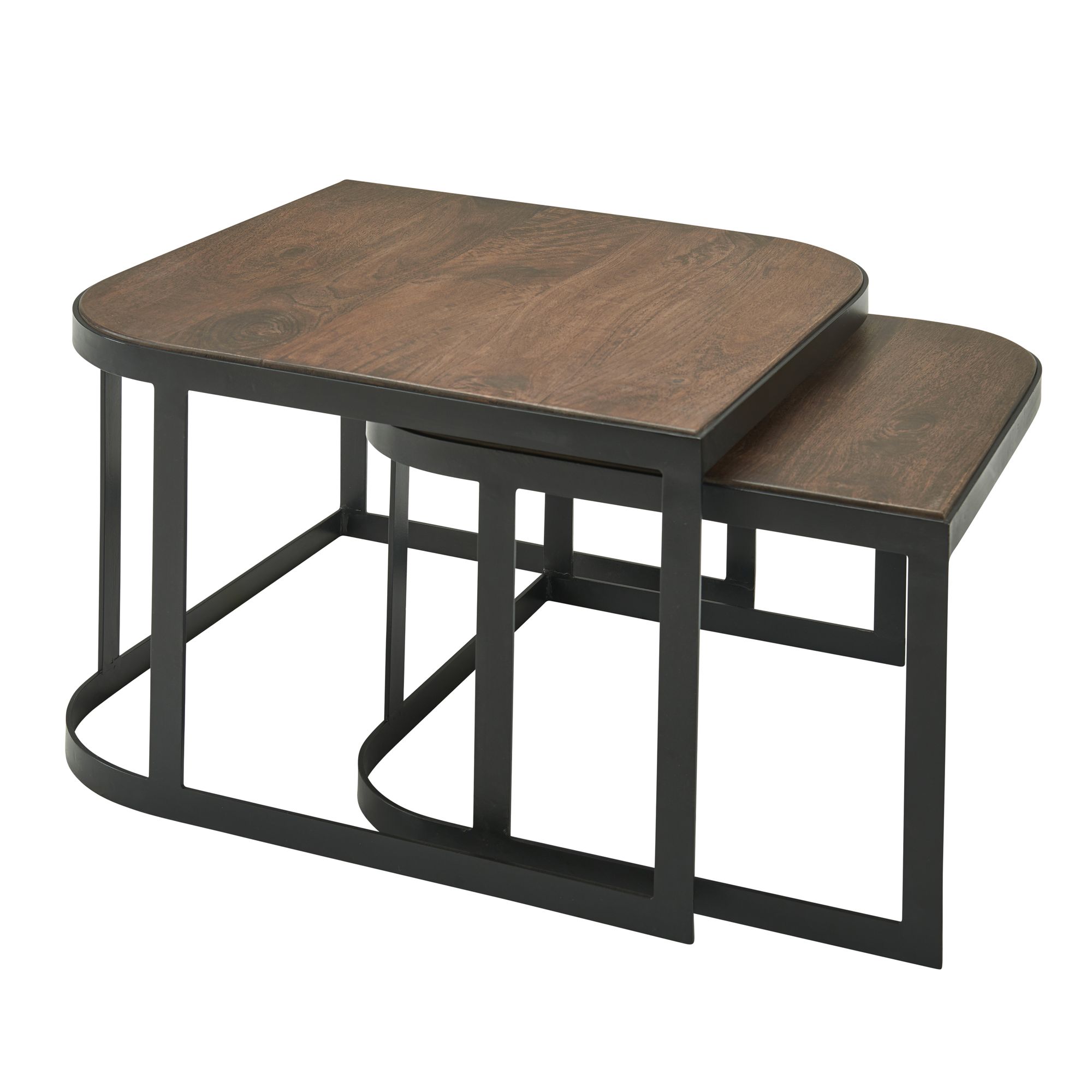 2-Piece Coffee Table Set Mango Solid Wood / Black Metal | Dark Brown Top | Dimensions 60x40x60 cm & 50x35x50 cm