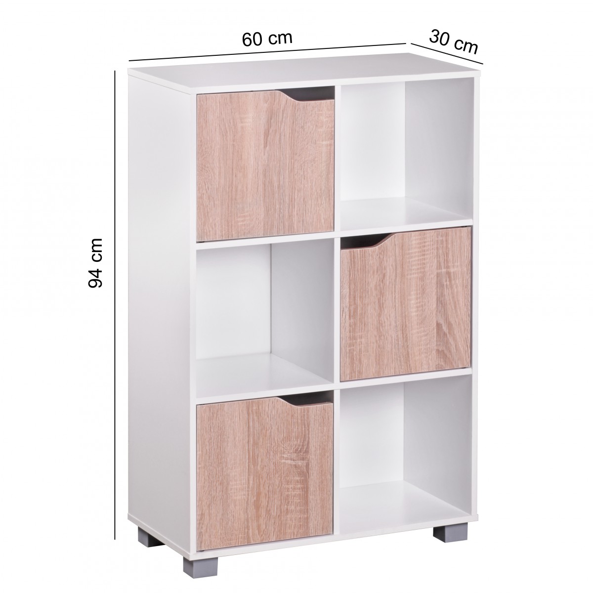 Design regał nowoczesny biały drewno z drzwiami sonoma dąb stojący regał wolnostojący 6 przedziałów 60 x 90 x 30 cm