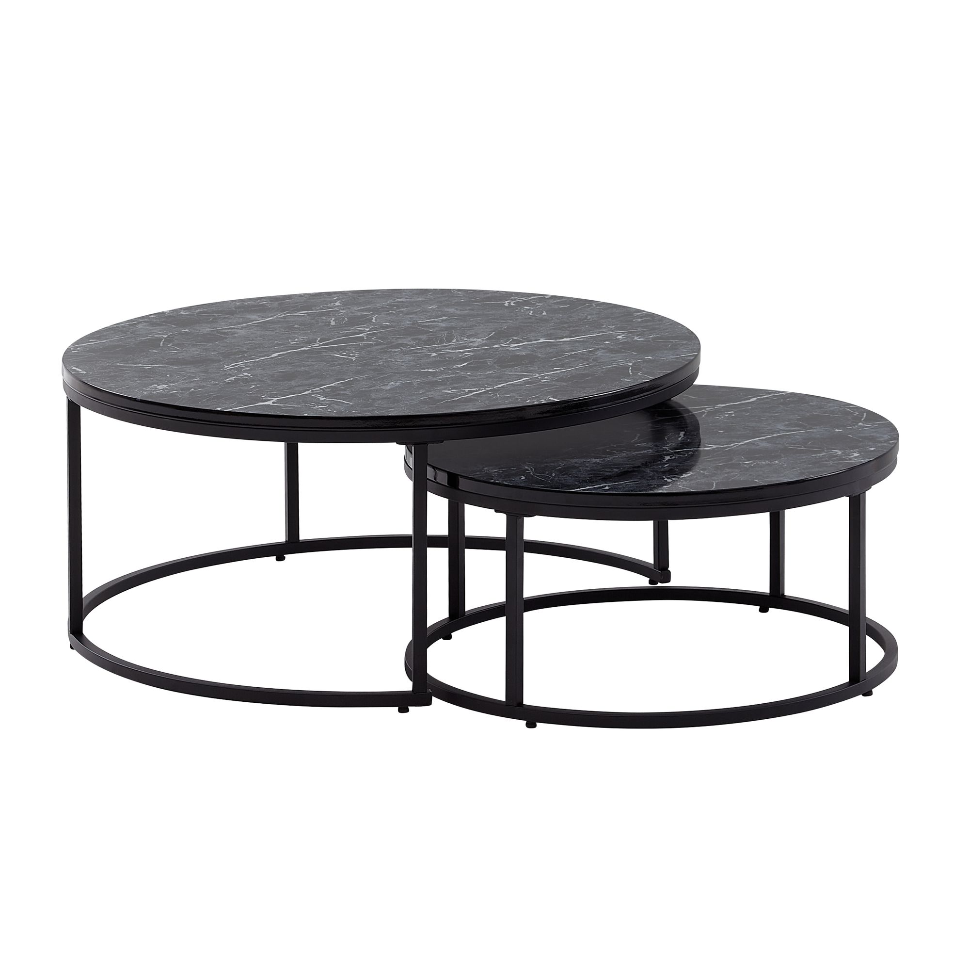 2-Piece Round Black Marble Effect Coffee Tables | 80x36 cm + 60x26 cm | Metal Frame