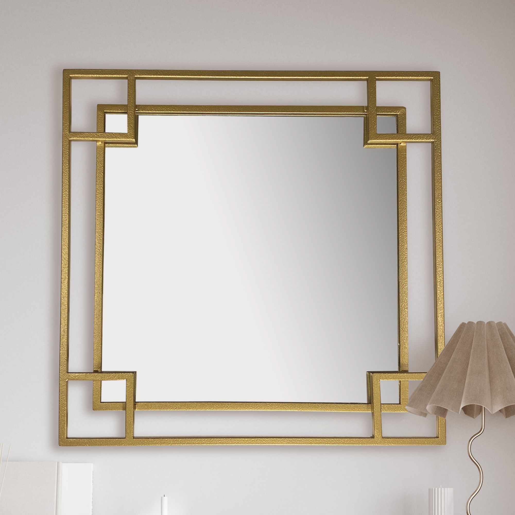 Lustro ścienne 80x80 cm metalowe lustro wiszące złote, żelazne lustro dekoracyjne kwadratowe z ramą, duże lustro ścienne, lustro w przedpokoju lustro do garderoby nowoczesne