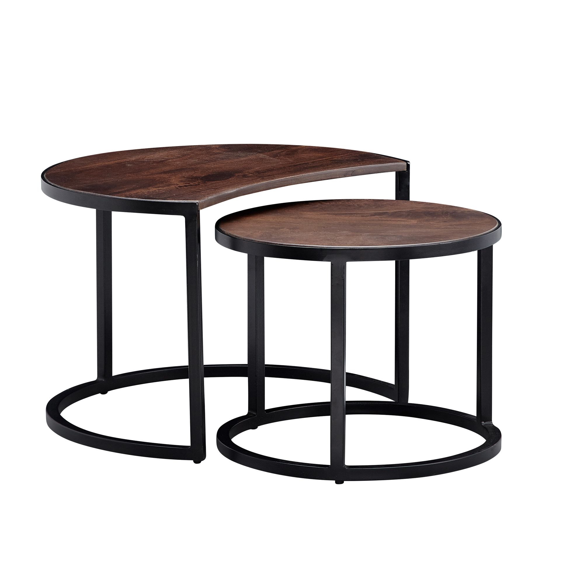 2-Piece Round Dark Mango Solid Wood Coffee Tables Set | Black Metal | 60x41 cm & 44x36 cm