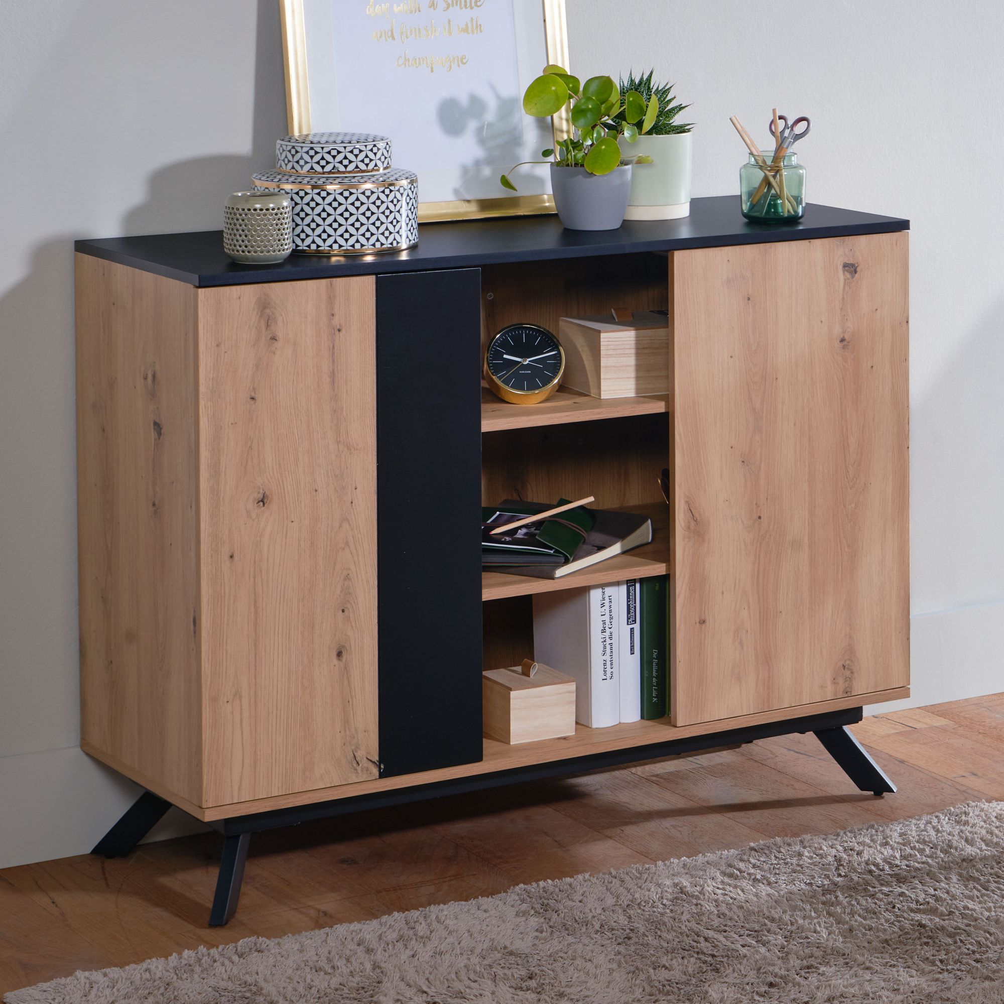 110x87x40 cm kredens mdf w dekorze dębowym / czarny