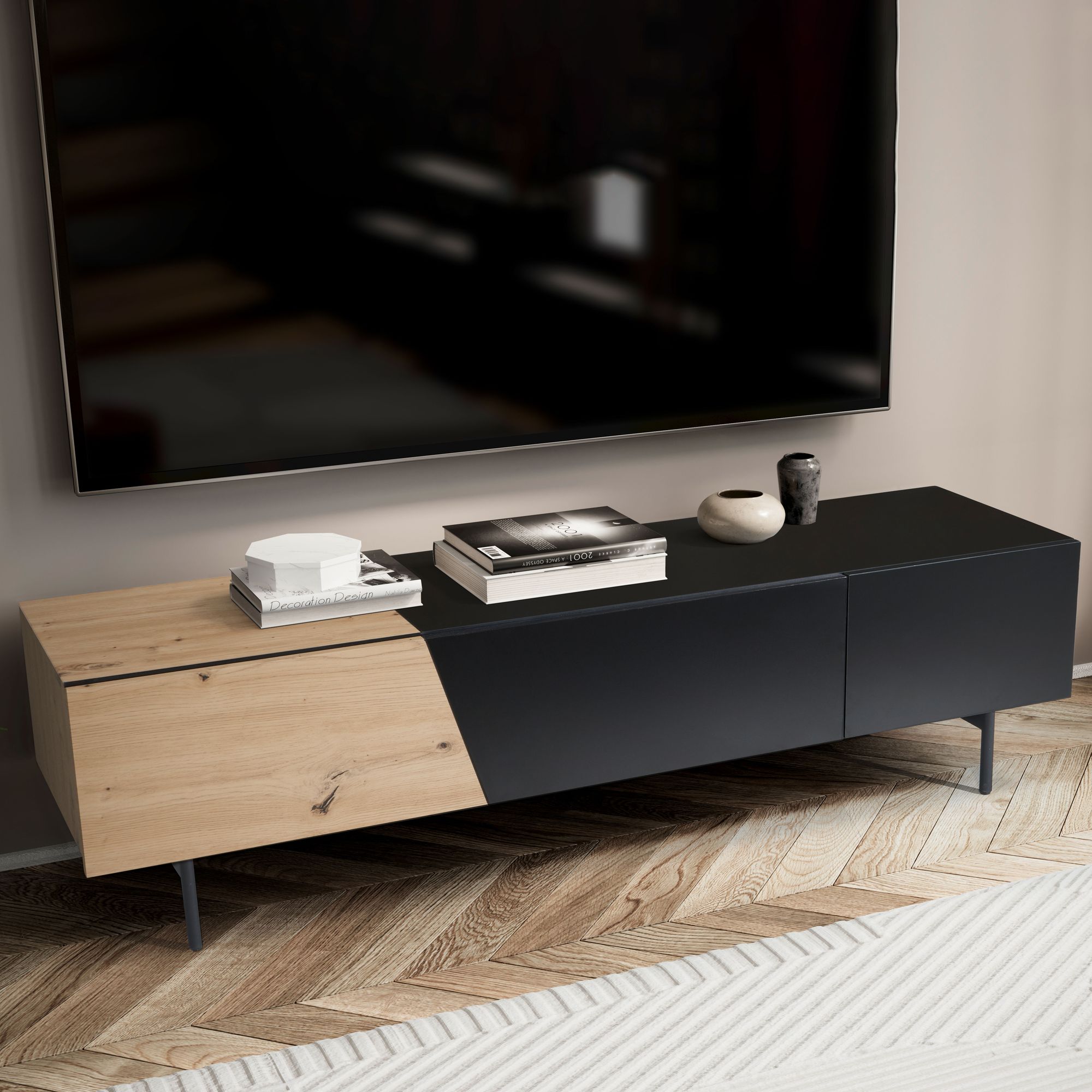 Lowboard black with oak decor 150x40x40 cm tv cabinet modern, designer tv cabinet low, tv table tv cabinet with doors & drawer, tv cabinet living room