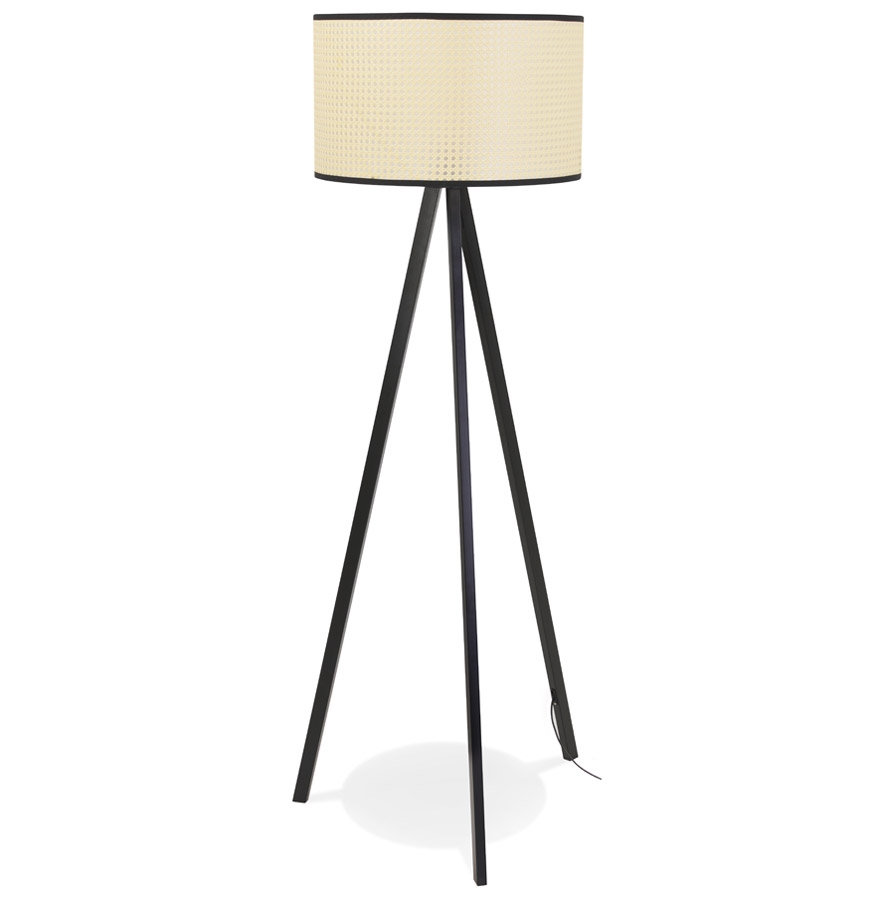 Rattanowa lampa podłogowa na statywie 'RITA' z 3 czarnymi metalowymi nogami