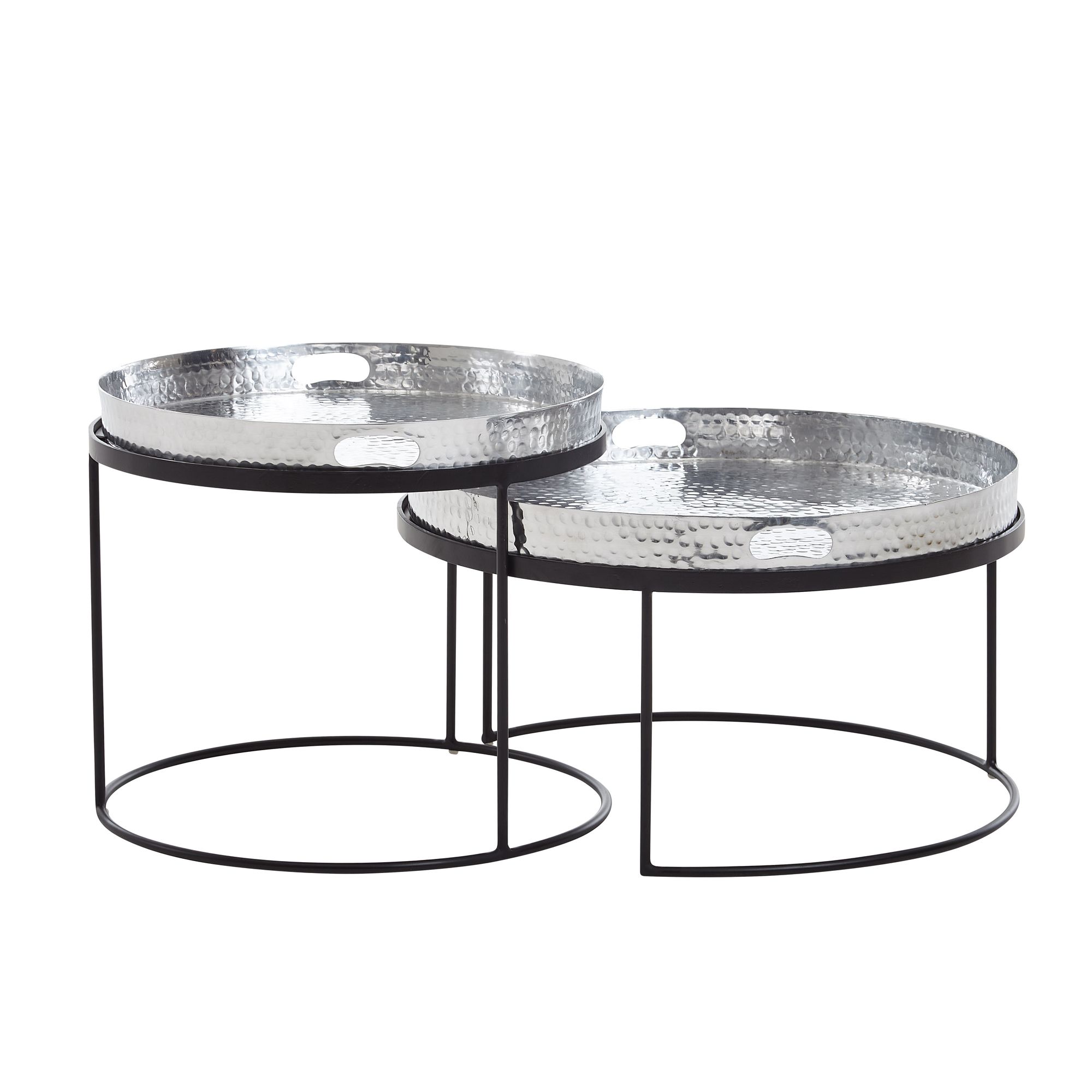 2-Piece Coffee Table Set Silver & Black Metal | Round Table with Removable Tray | Dimensions 56x56x33 cm & 46x46x41 cm