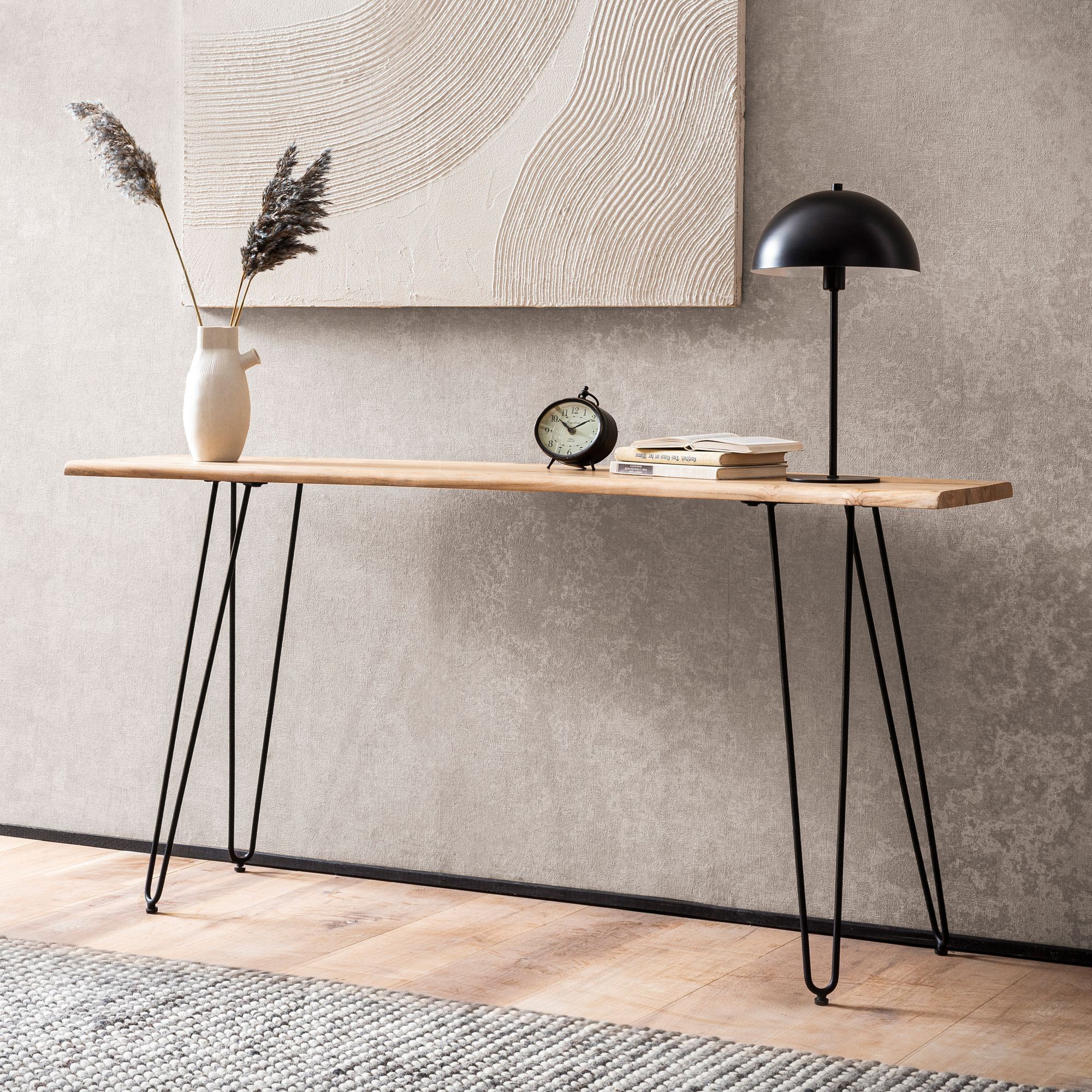 Stół konsolowy  150x36x75 cm kredens z litego drewna akacjowego na krawędzi drzewa przedpokój, stół do przechowywania z nogami typu spinka do włosów wąski nowoczesny, stół do przedpokoju metalowa rama, stół do przedpokoju długi wyso