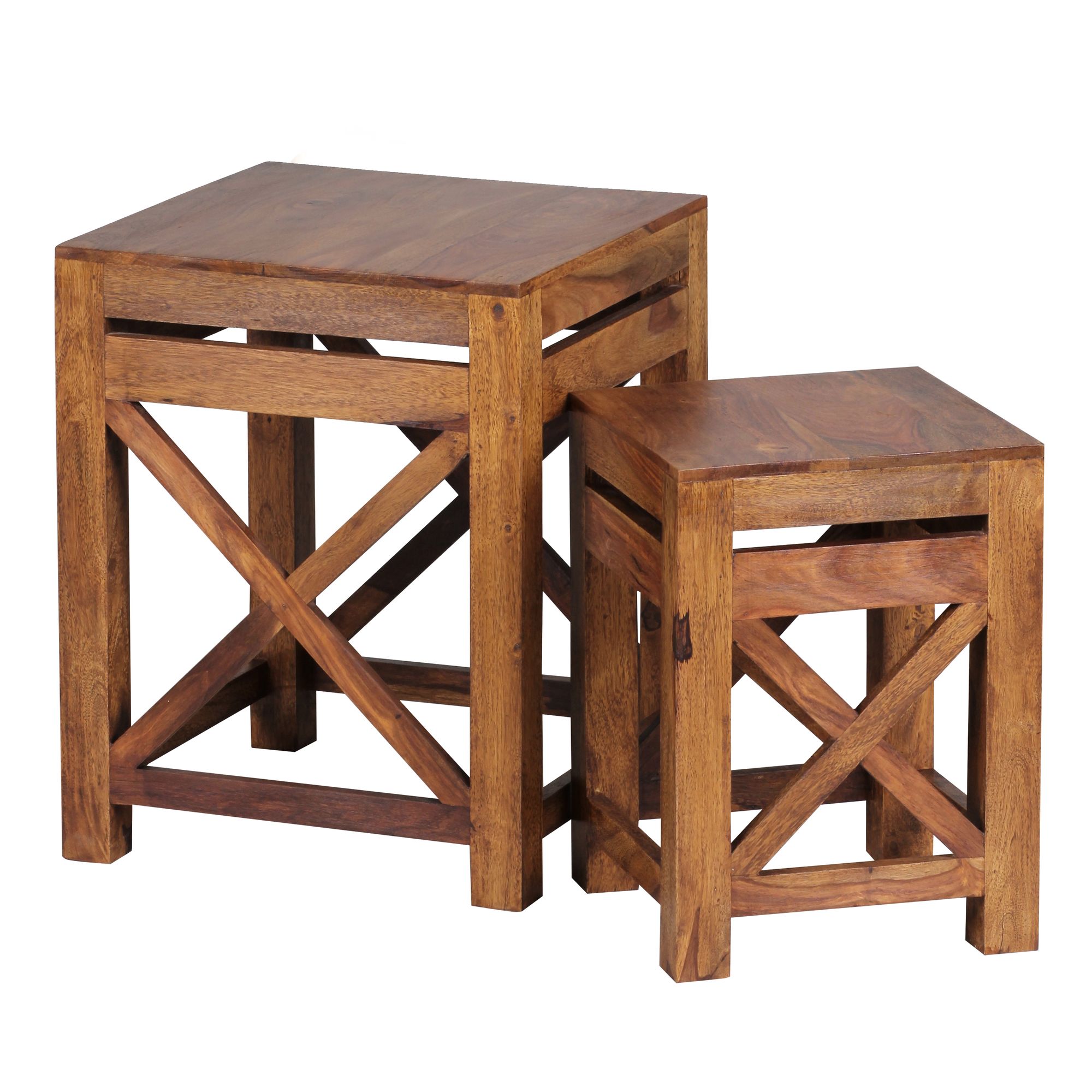 2-piece Set PALI Side Tables Solid Sheesham Wood Dark Brown 40x50 & 29x40 cm Cubes | Accent Tables with Storage | Country Style