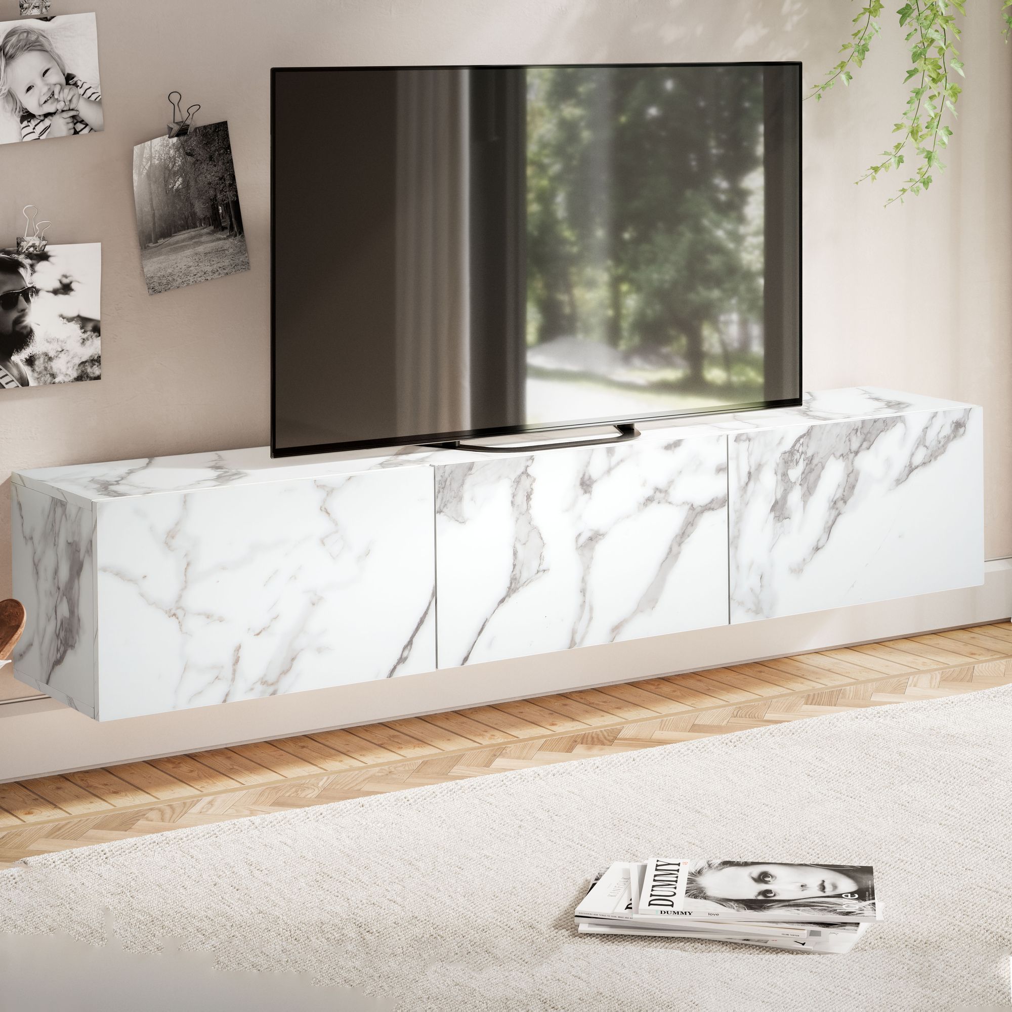 Lowboard hanging marble look white 160x30x30 cm tv cabinet, design tv table with folding doors modern, tv cabinet wall, tv chest of drawers tv chest of drawers for hanging