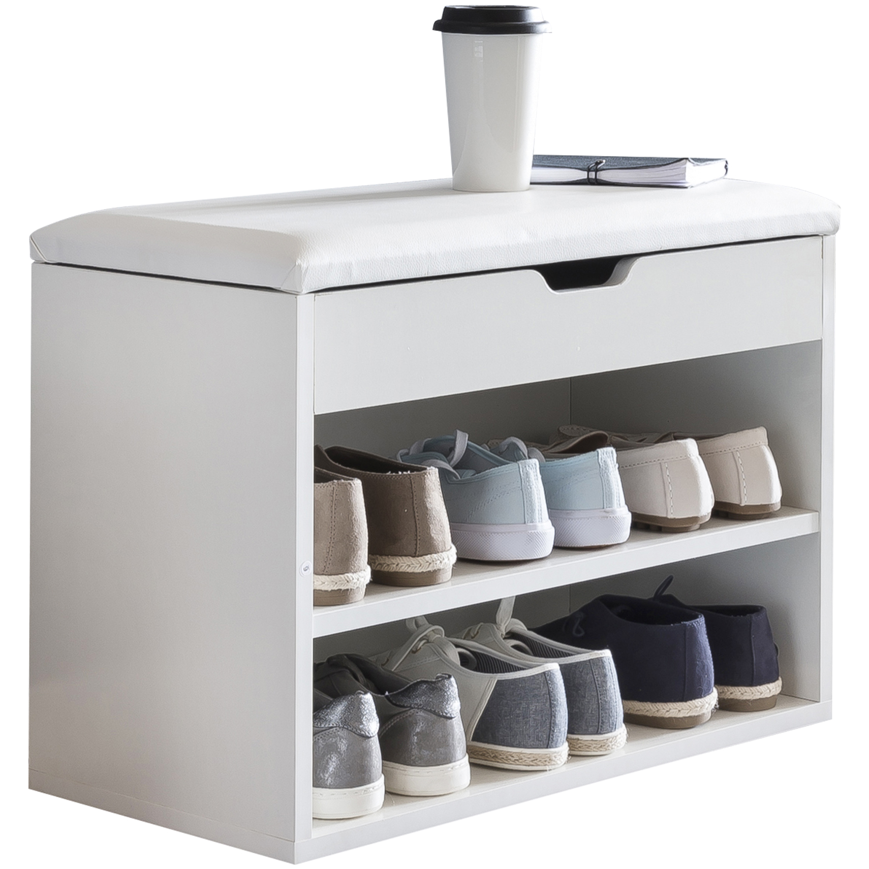 Biała ławka na buty z białym siedziskiem z ekoskóry | Drewno 60x40x30 cm Biała ławka na buty z białym siedziskiem z ekoskóry | Drewno 60x40x30 cm