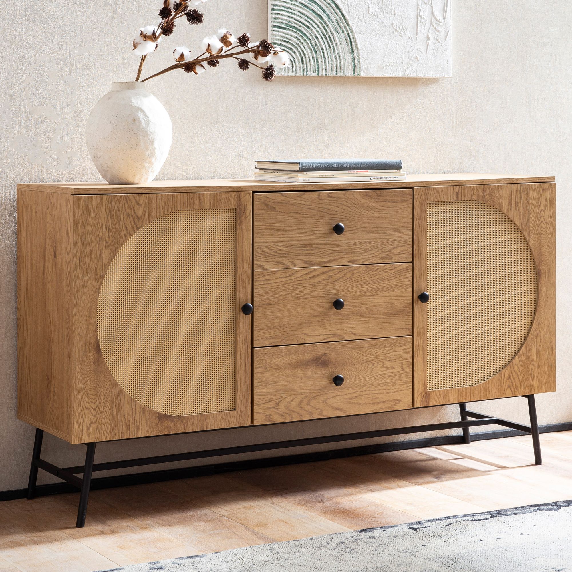 Kredens  140x80x40 cm komoda dekor dębowy ze splotem rattanowym nowoczesna, wysoka komoda, szafka stojąca z 2 drzwiami i 3 szufladami, kredens salon