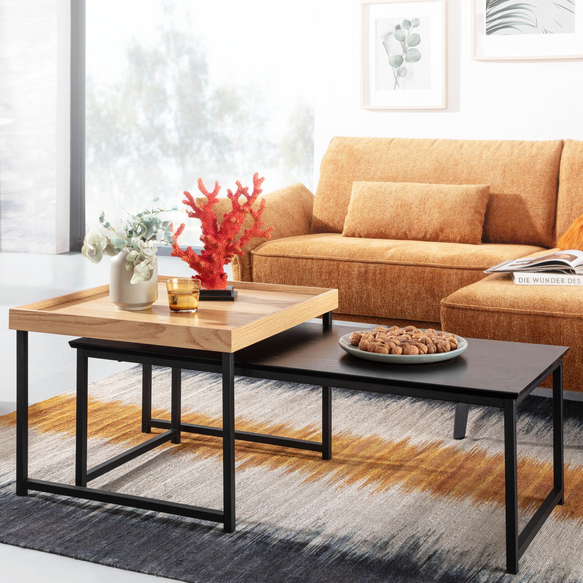 2-Piece Coffee Table Set MDF Wood Oak Veneer Natural & Black | Matte Black Metal Frame | Dimensions 110x48x37 cm & 60x60x45 cm