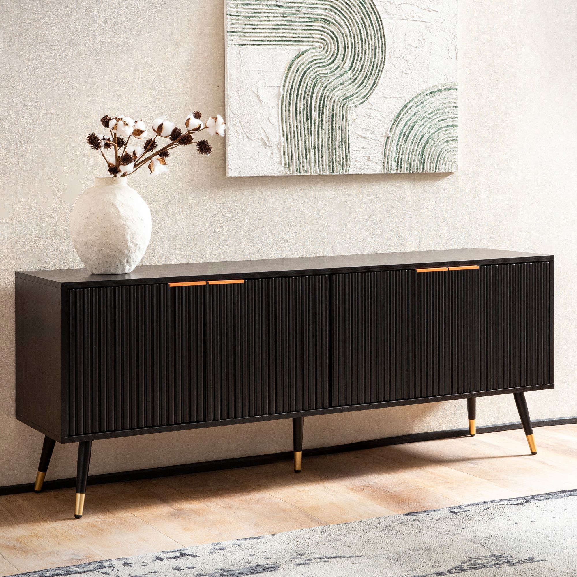 Lowboard black with oak decor 150x60x39 cm tv cabinet modern, designer tv cabinet high, tv table tv cabinet with doors, tv cabinet living room