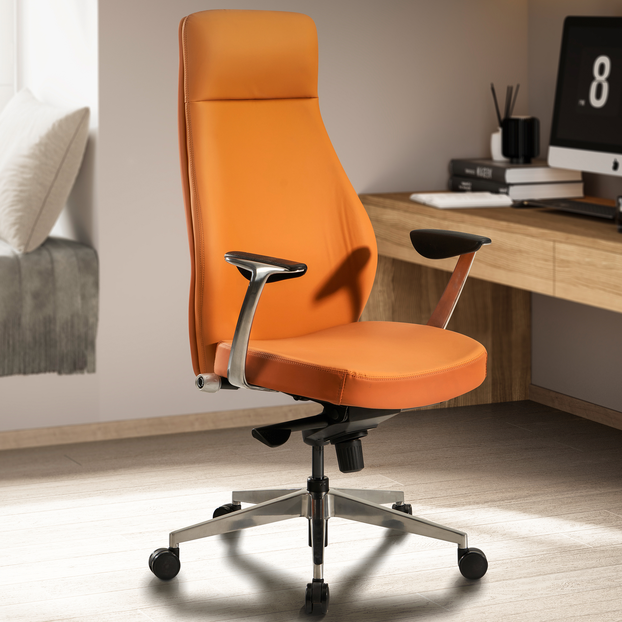 Caramel Faux Leather Office Chair | Executive Ergonomic Design | Ht. 119-125 cm W 74 cm D 74 cm