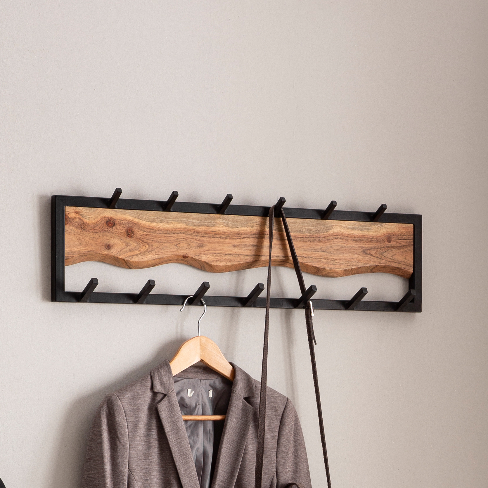 Acacia Solid Wood Wall Coat Rack Black | 80x20x8 cm