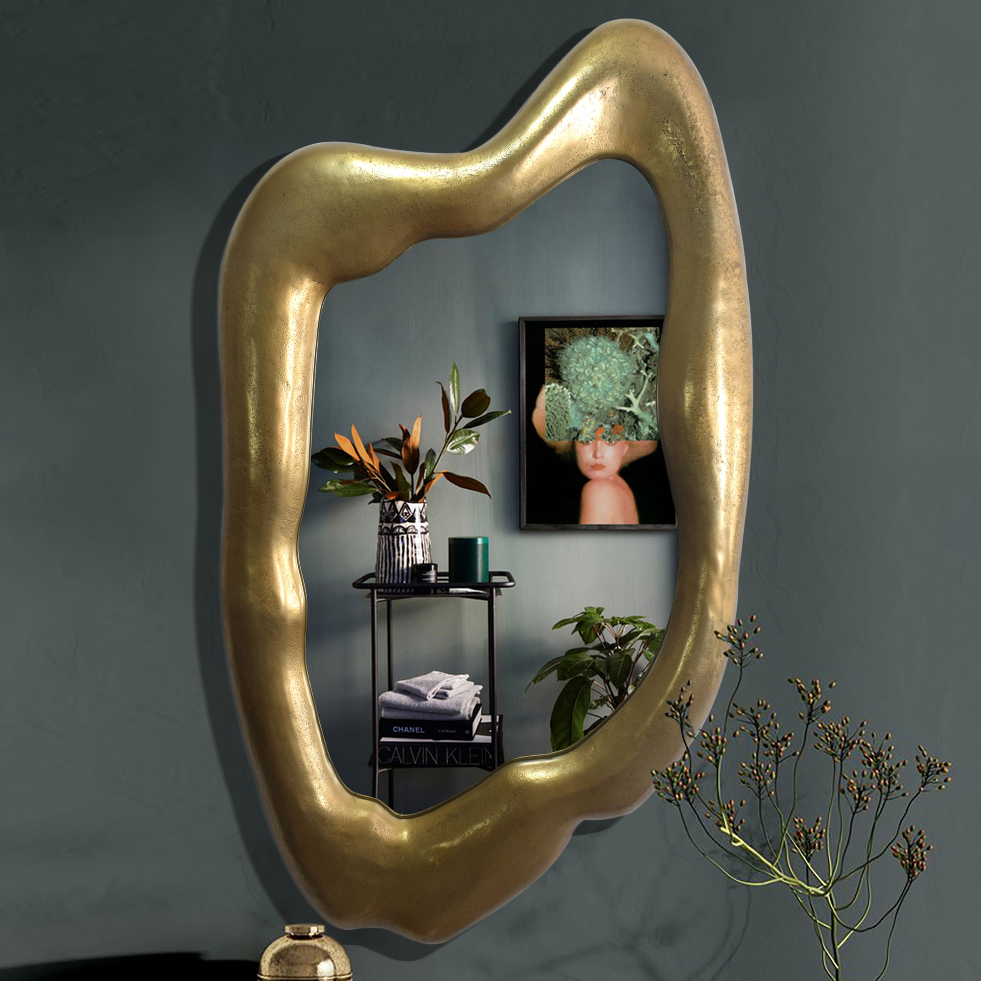Lustro ścienne asymetryczne 100x57 cm metalowe lustro wiszące złote, aluminiowe lustro dekoracyjne bezkształtne z ramą, duże lustro ścienne, lustro w przedpokoju lustro do szafy nowoczesne